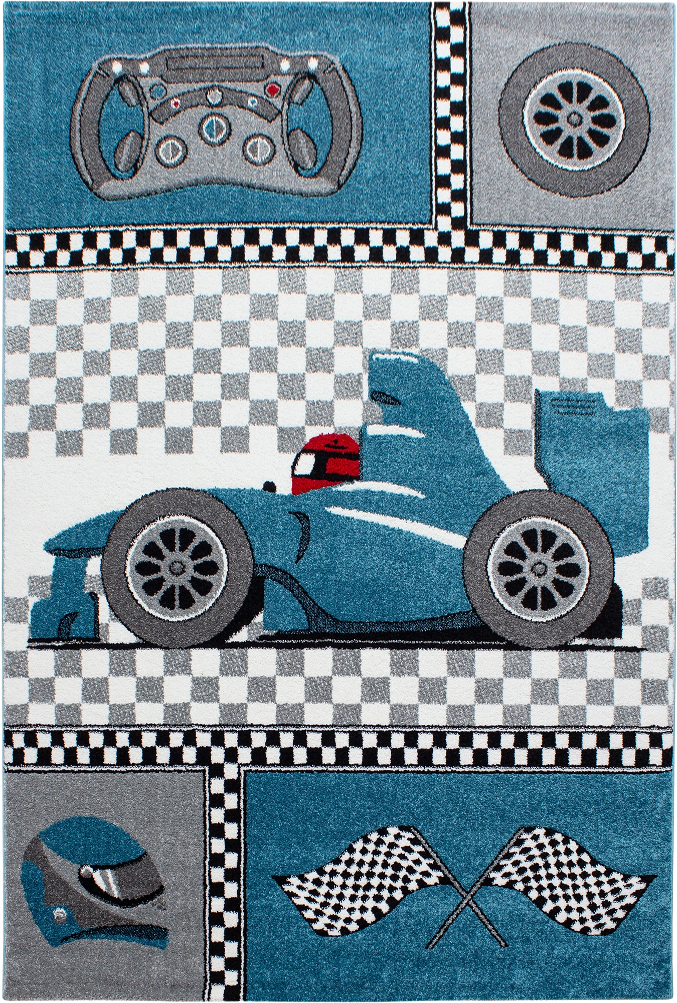Race Car Checkered Flag Kids Rug | Blue