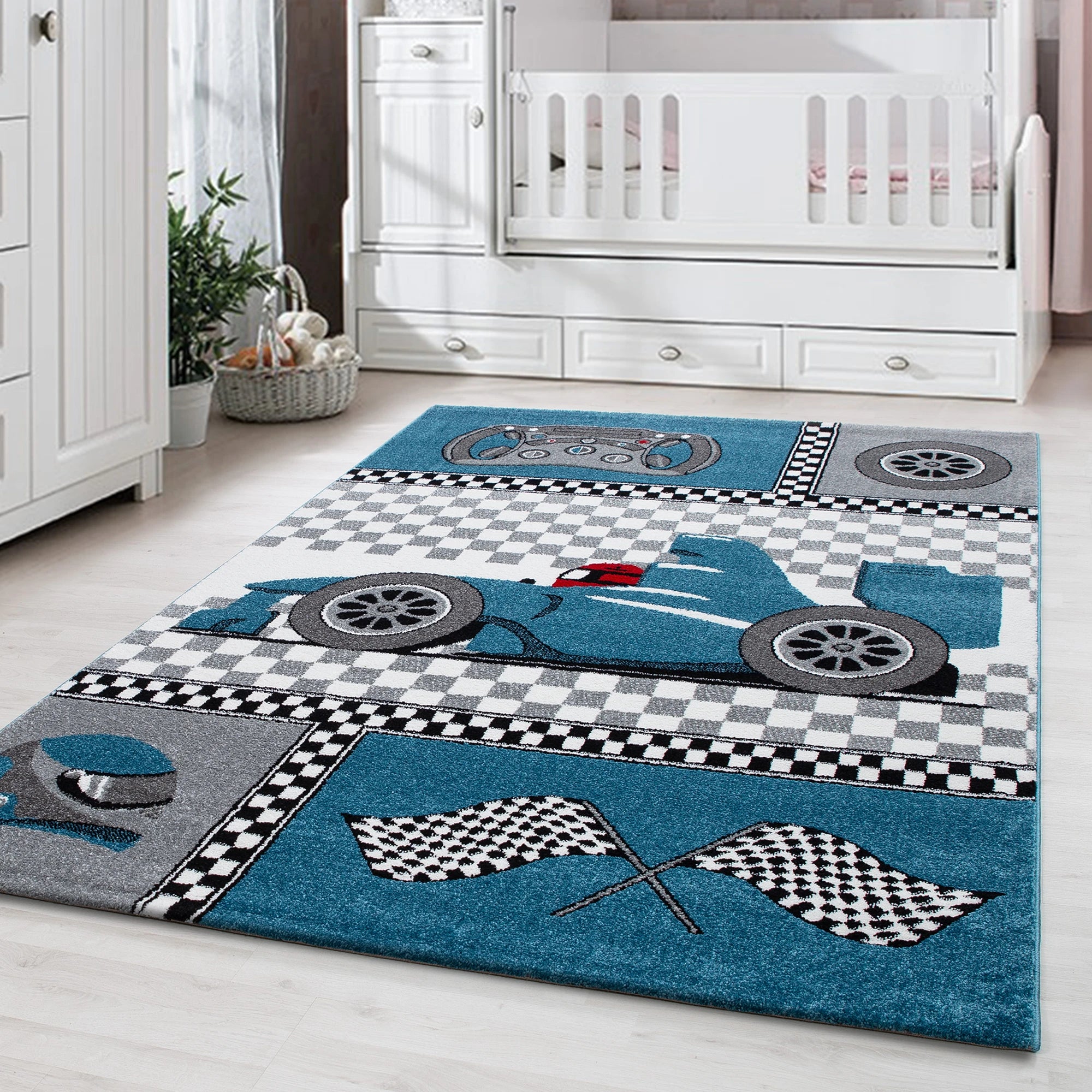 Race Car Checkered Flag Kids Rug | Blue