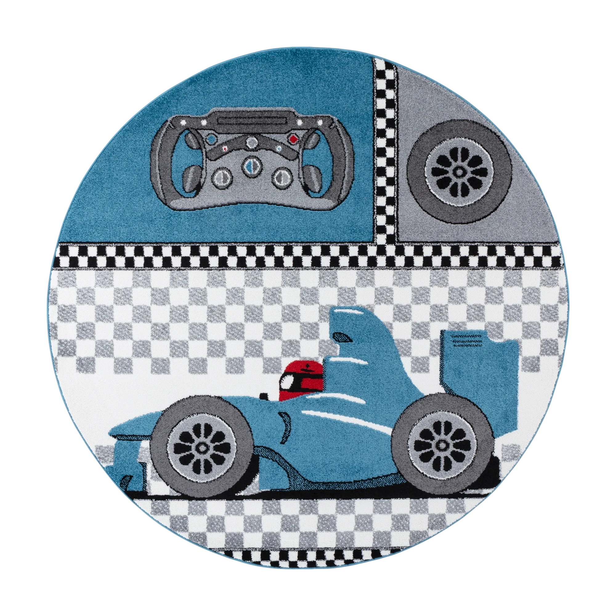 Race Car Checkered Flag Kids Rug | Blue