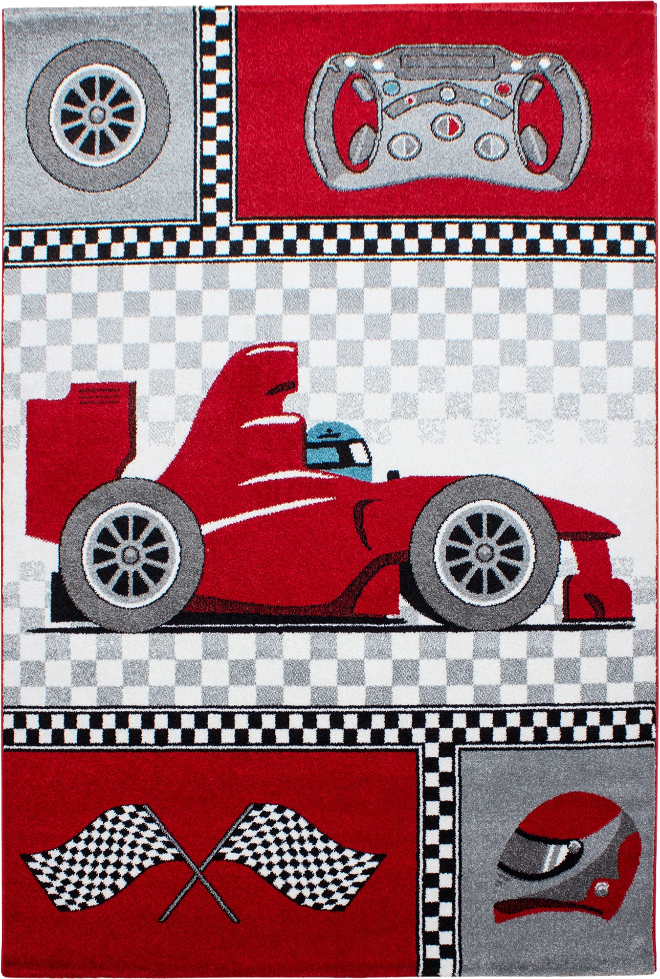 Race Car Checkered Flag Kids Rug | Red