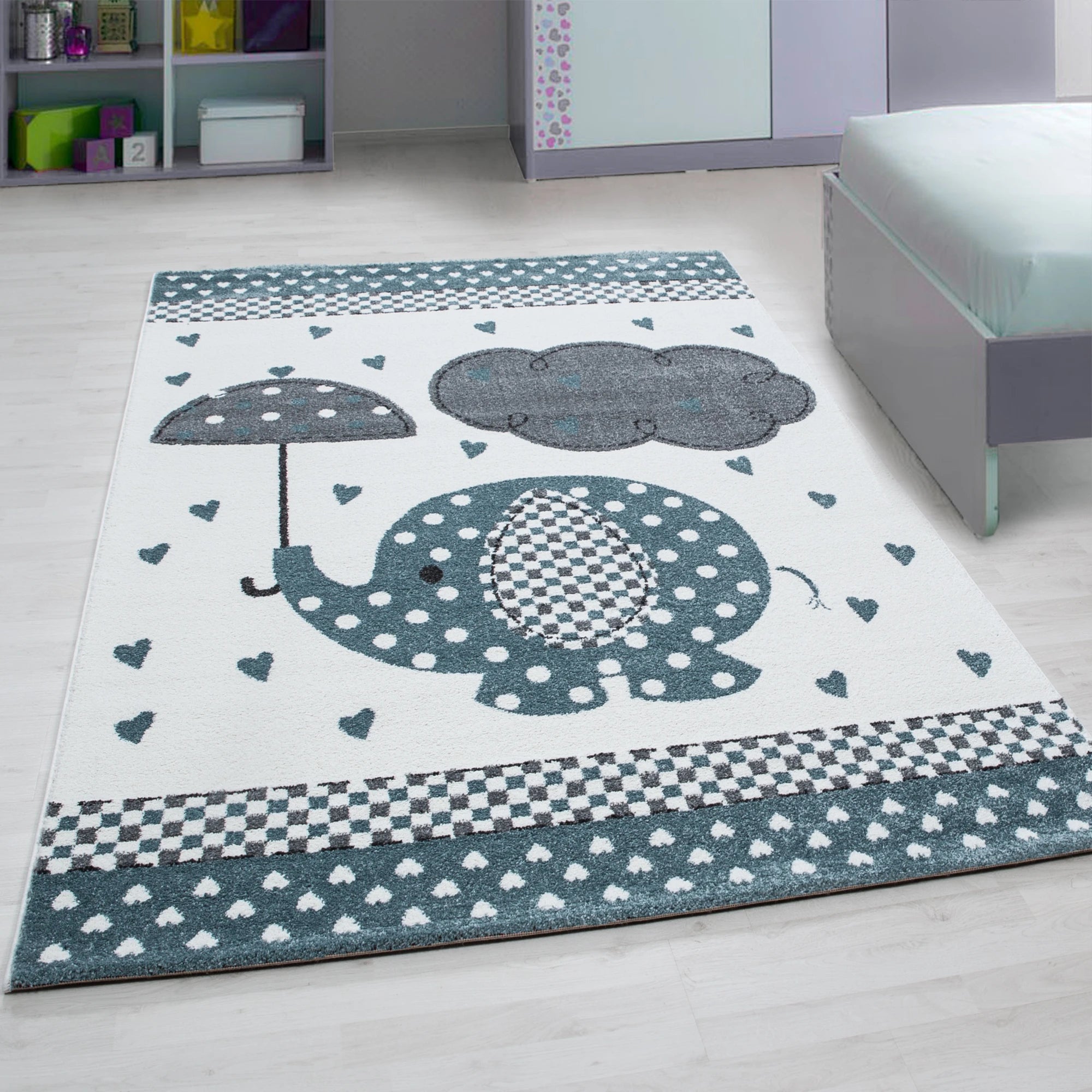 Polka Dot Elephant Umbrella Kids Rug | Blue