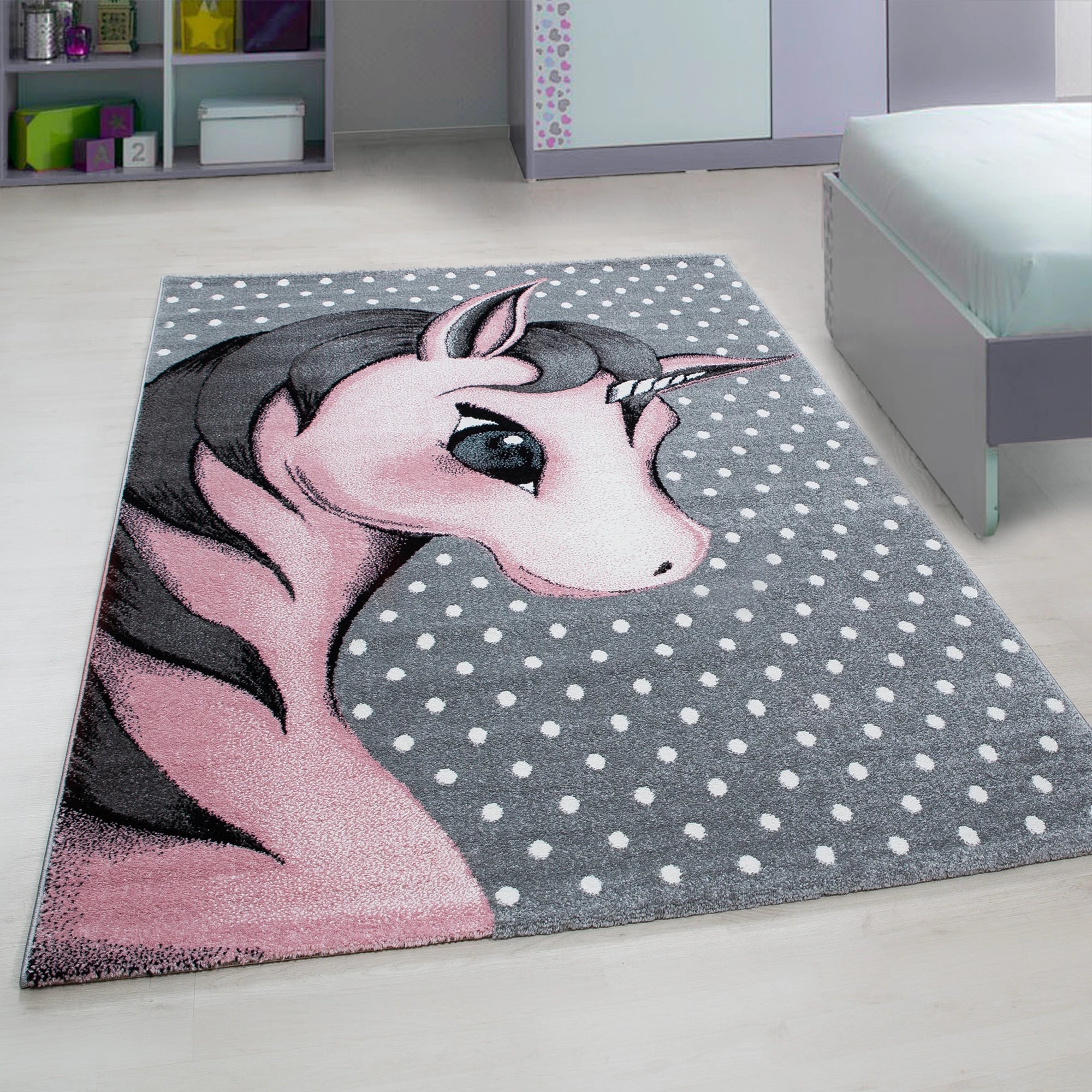 Cute Pink Unicorn Polka Dot Kids Rug | Pink
