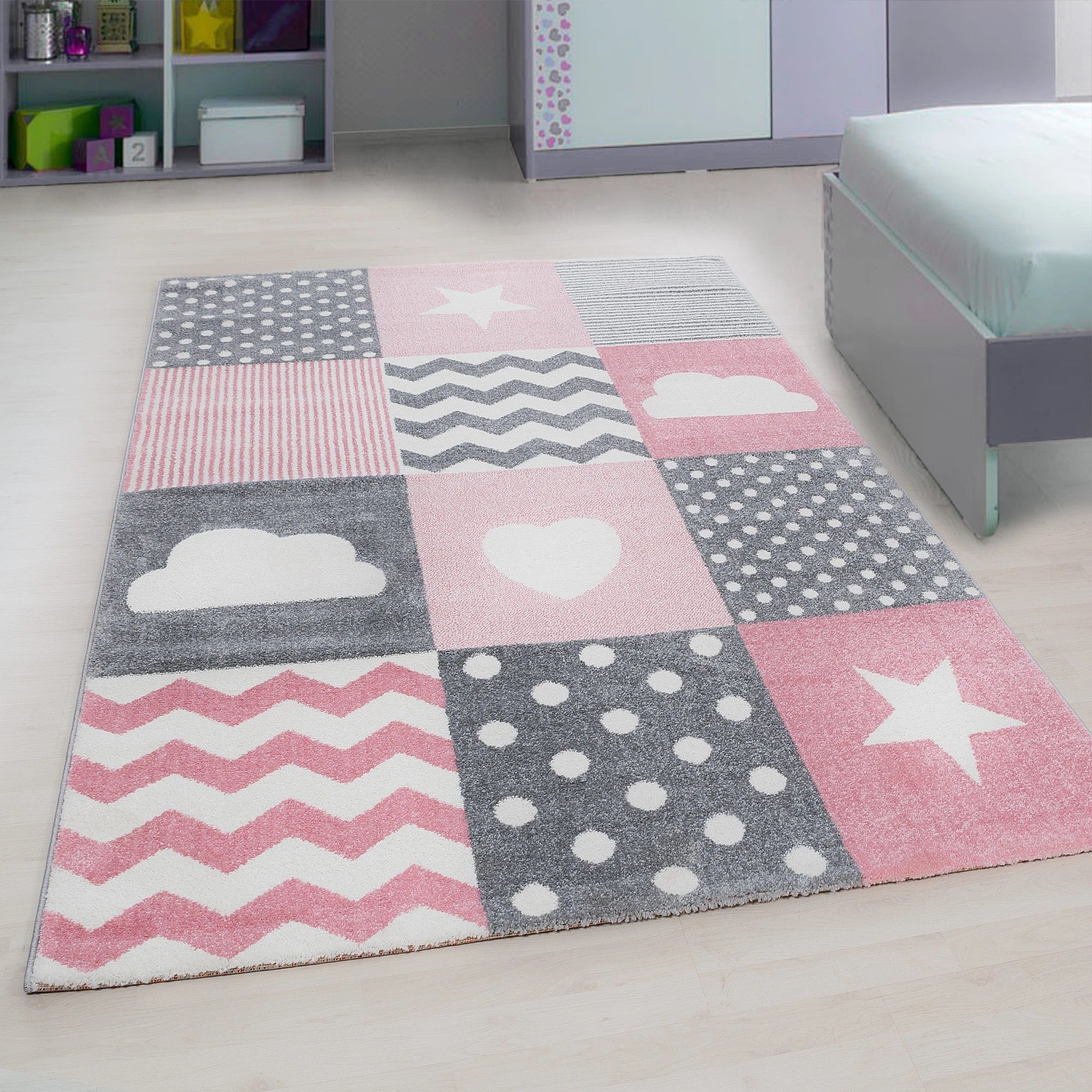 Cute Patchwork Star Heart Cloud Kids Rug | Pink