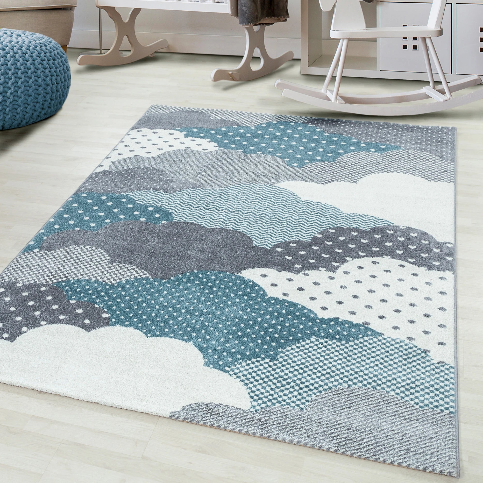 Nursery Rug with Patterned Clouds | Blue