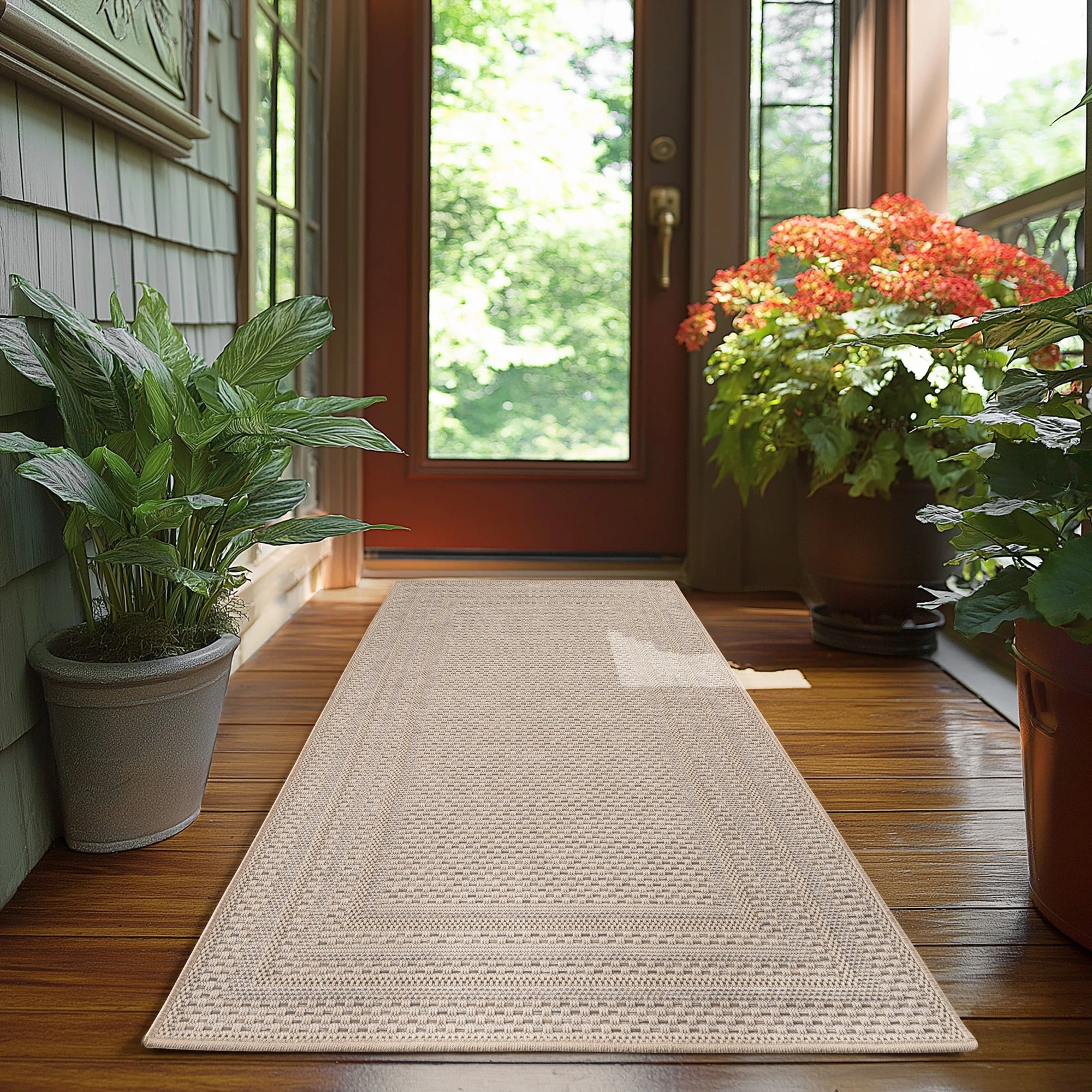 Solid Texture Double Border Patio Rug | Beige