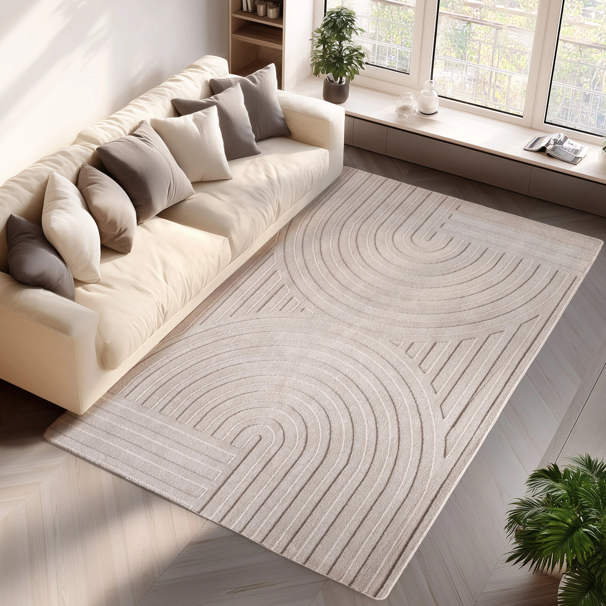 Contemporary Half-Moon Geometric Stripe Rug | Cream
