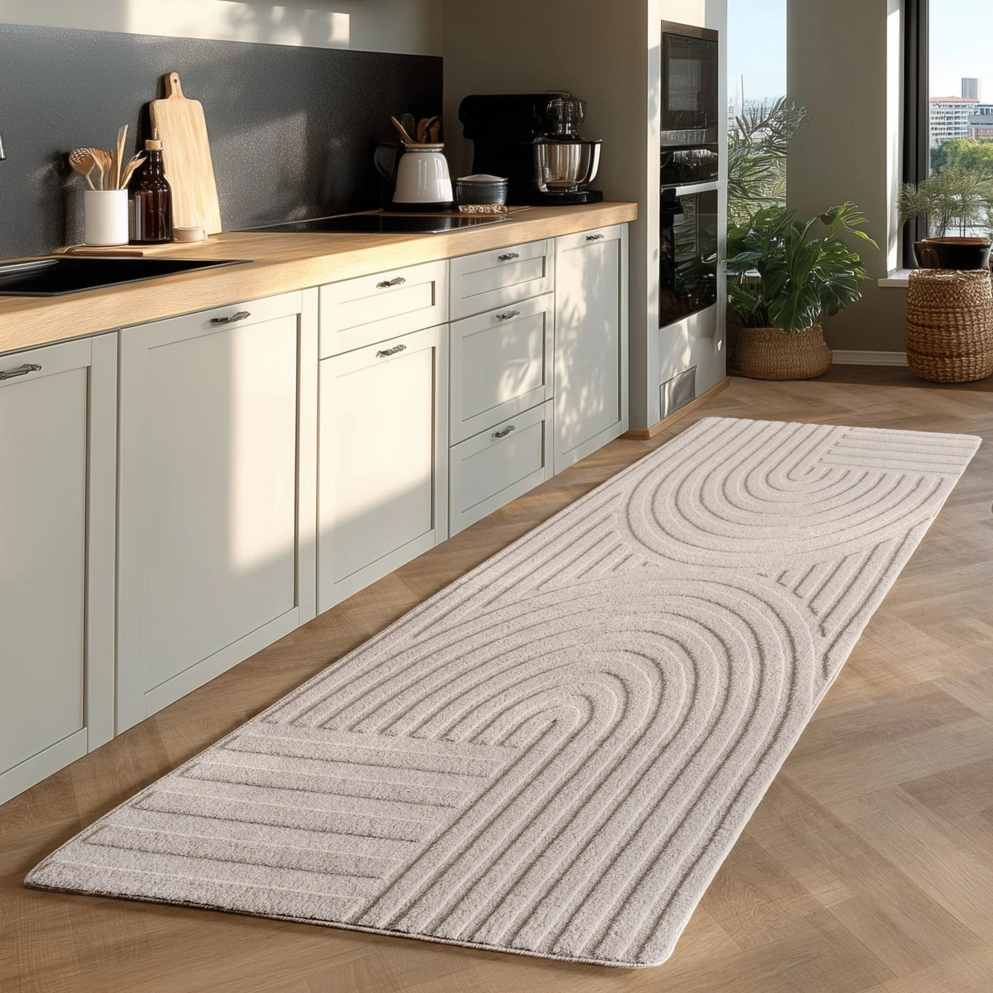 Contemporary Half-Moon Geometric Stripe Rug | Cream