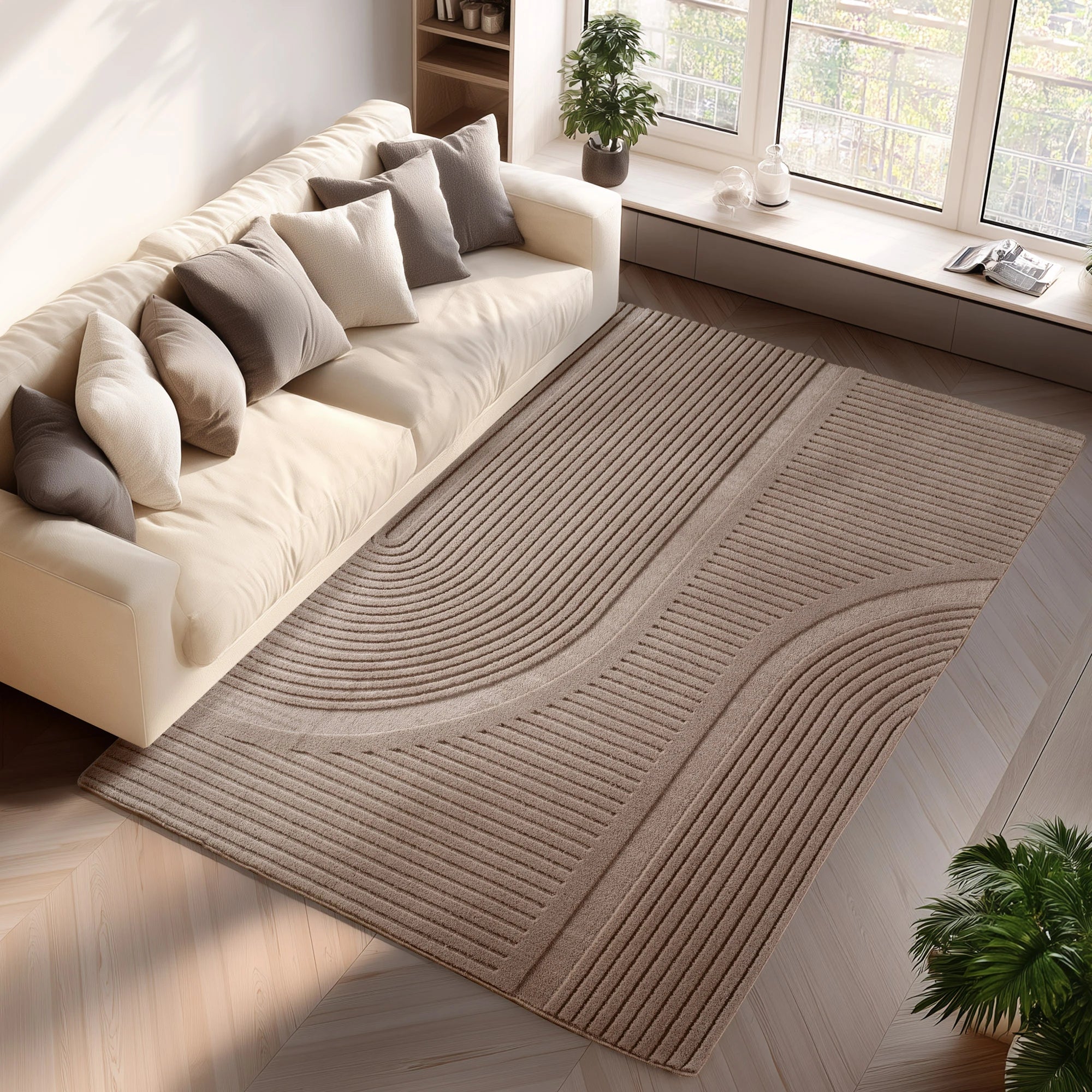 Modern Grooved Wavy Line Area Rug | Beige