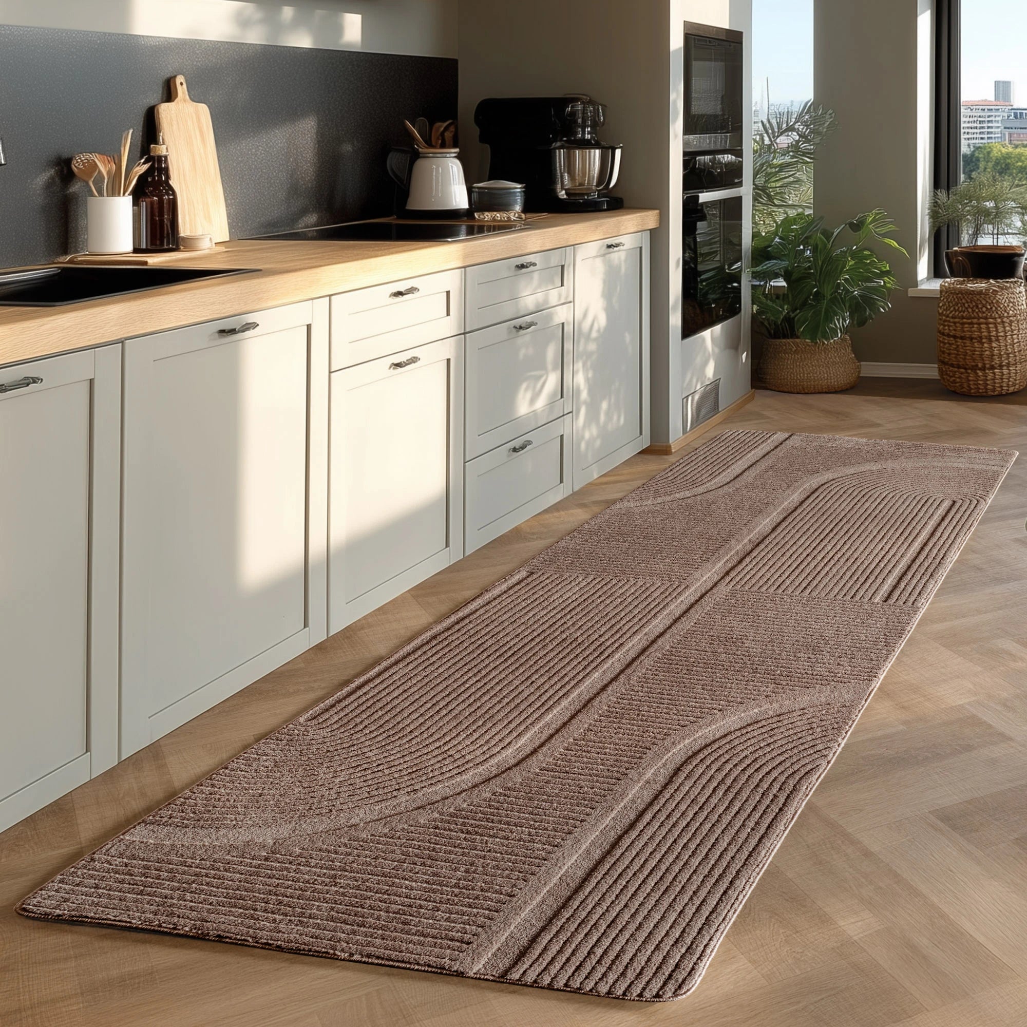 Modern Grooved Wavy Line Area Rug | Beige