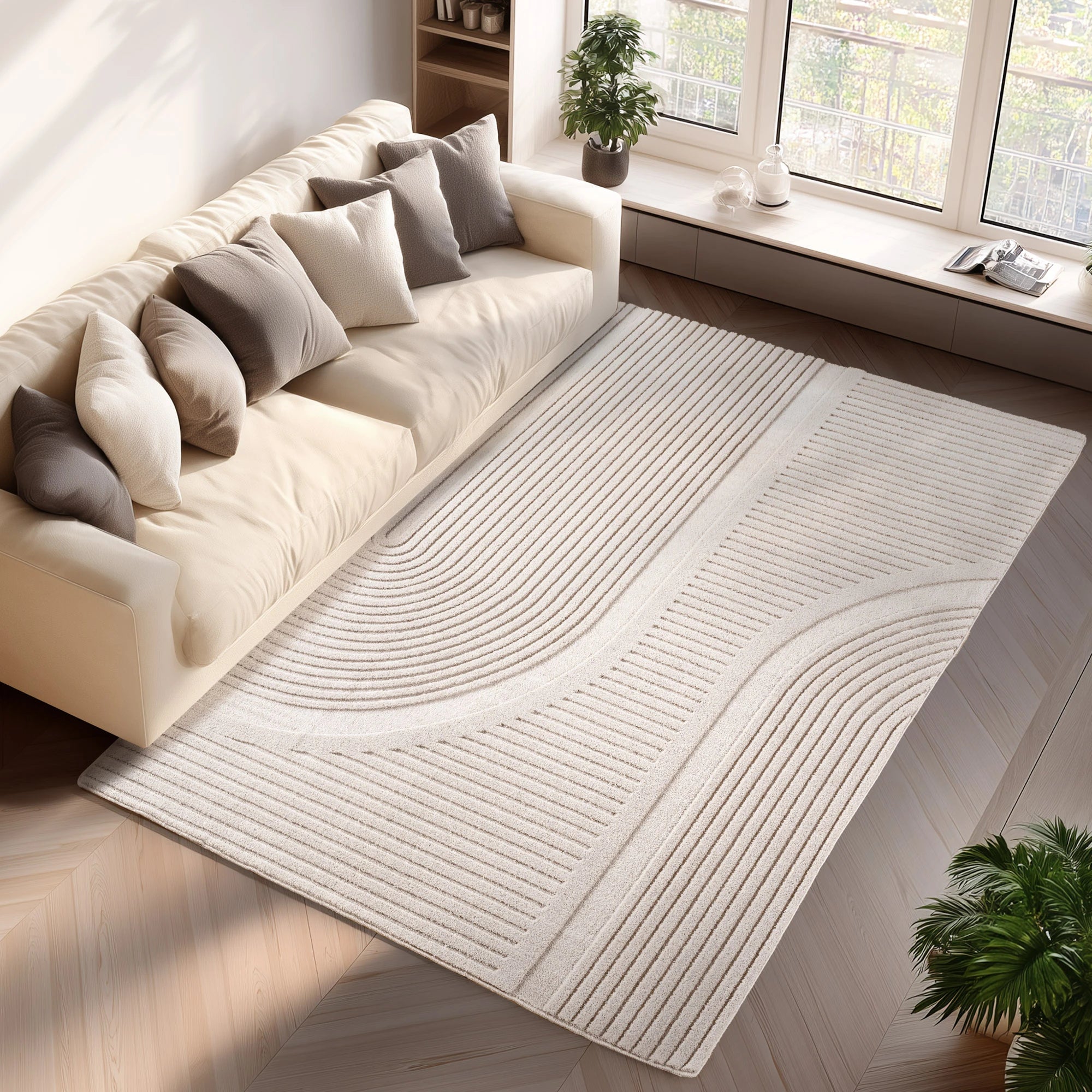 Modern Grooved Wavy Line Area Rug | Cream