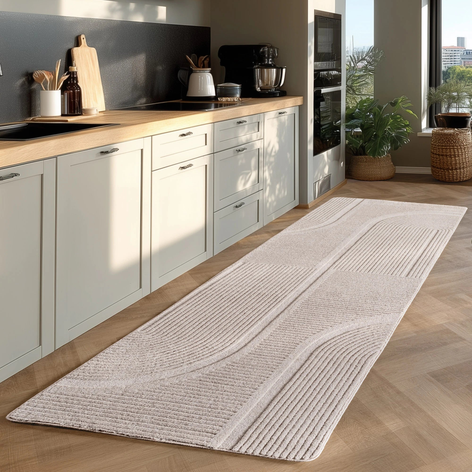 Modern Grooved Wavy Line Area Rug | Cream