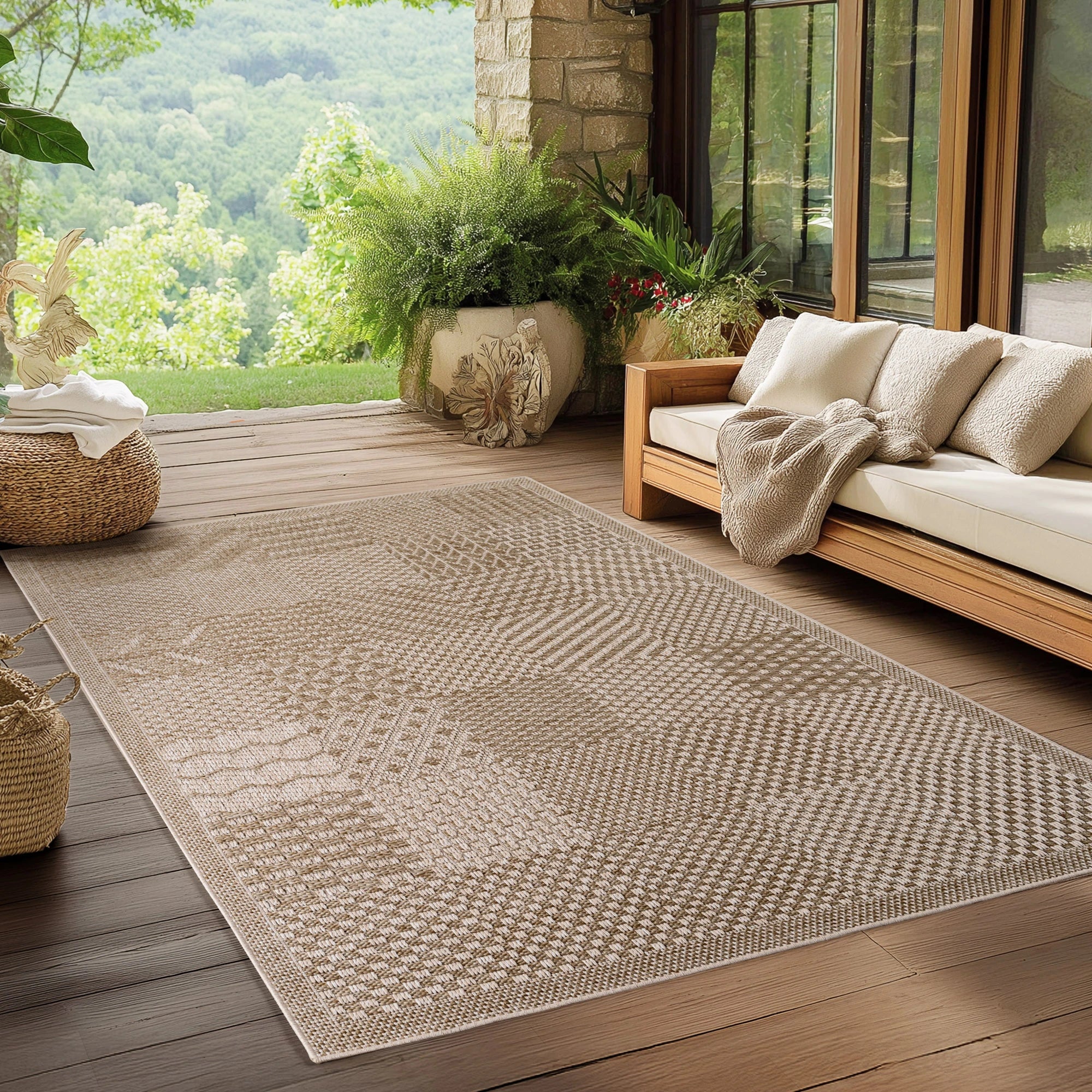 Plaid Checkerboard Patio Rug | Beige
