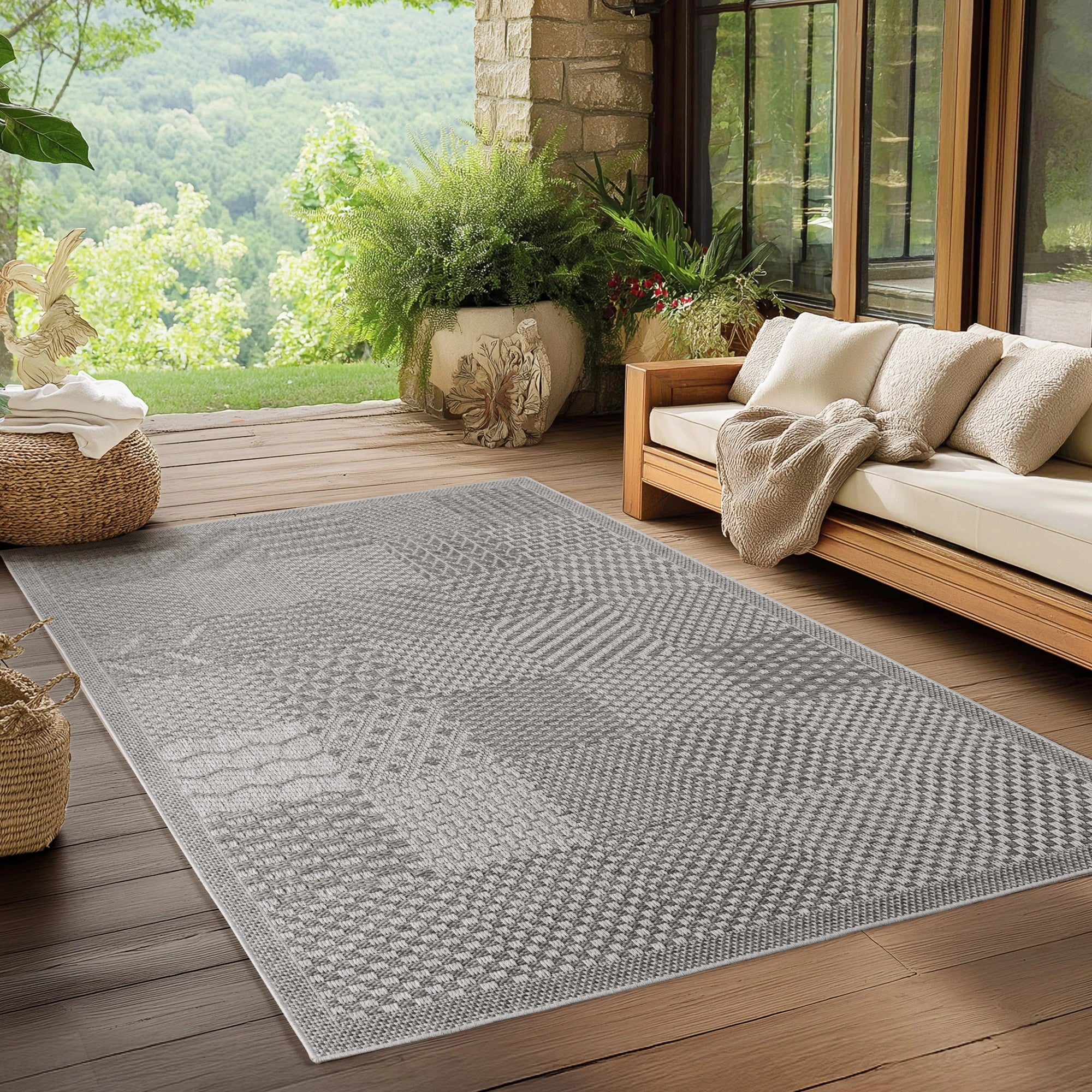 Plaid Checkerboard Patio Rug | Gray