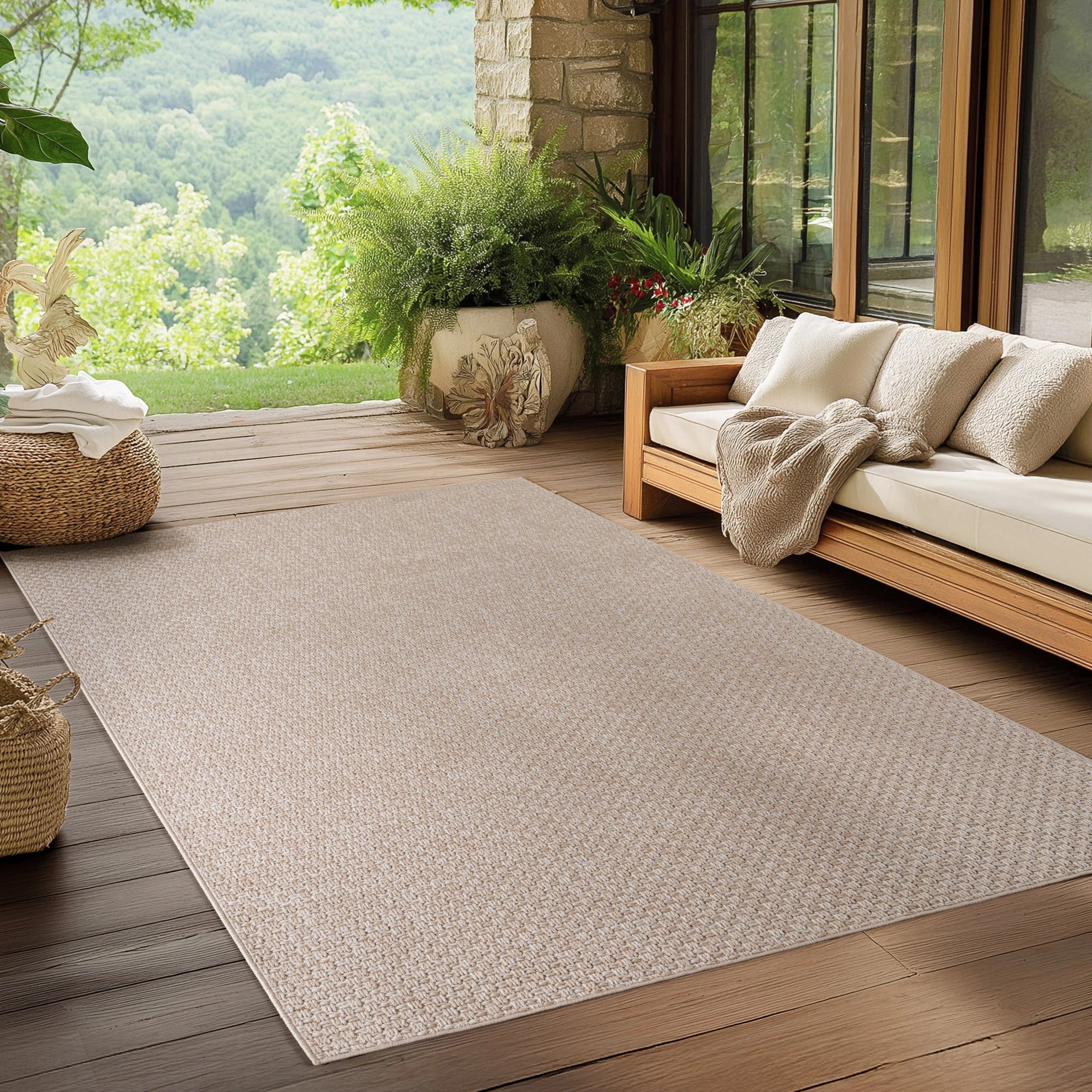 Durable Patio Solid Flatweave Area Rug | Beige