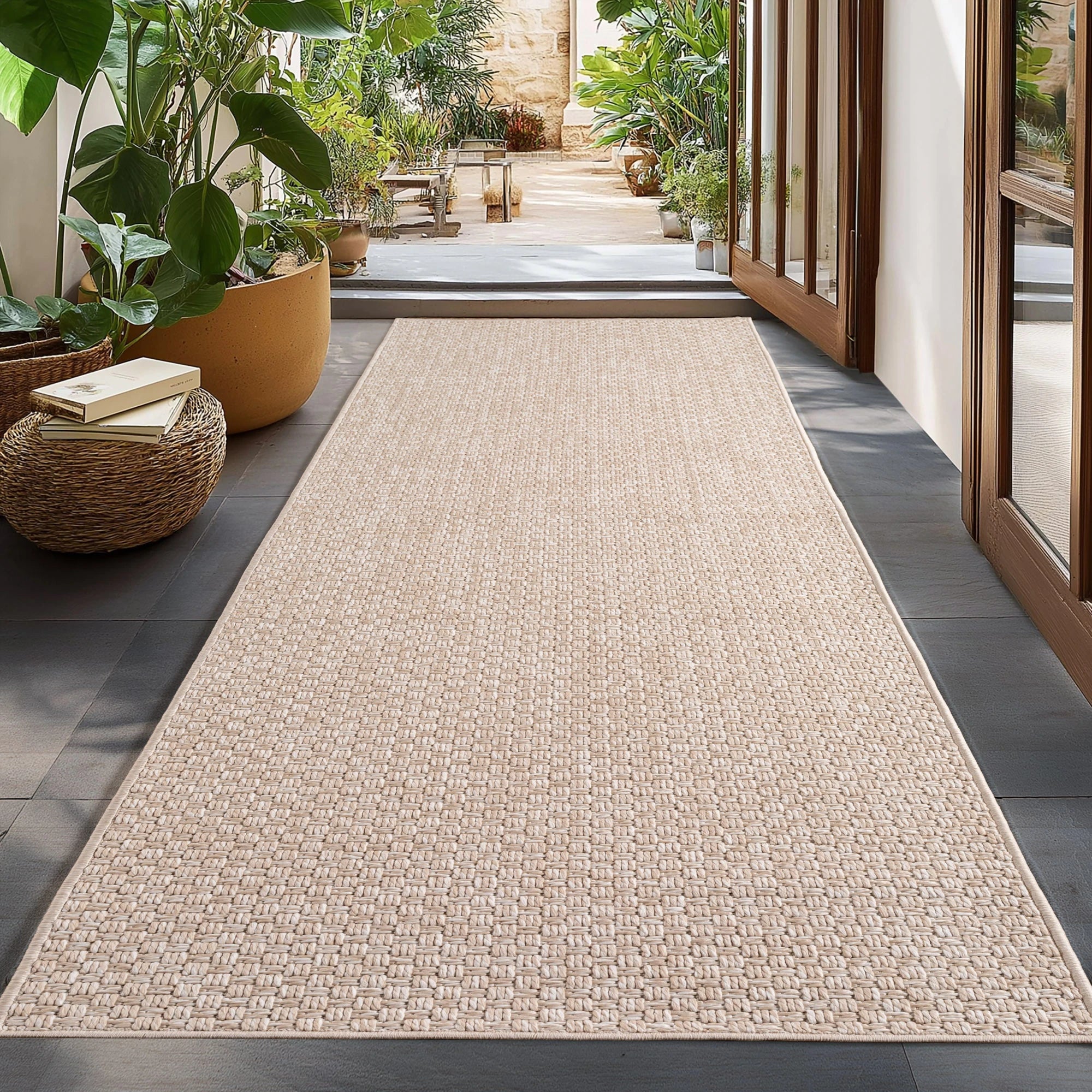 Durable Patio Solid Flatweave Area Rug | Beige
