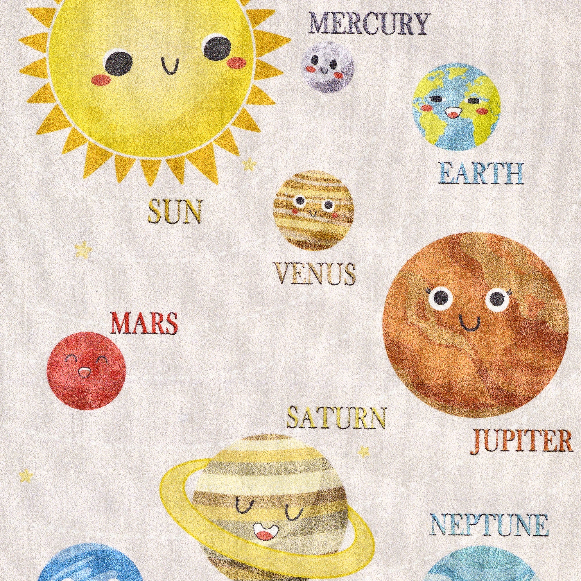 Cute Smiling Planets Solar System Kids Room Rug | Beige