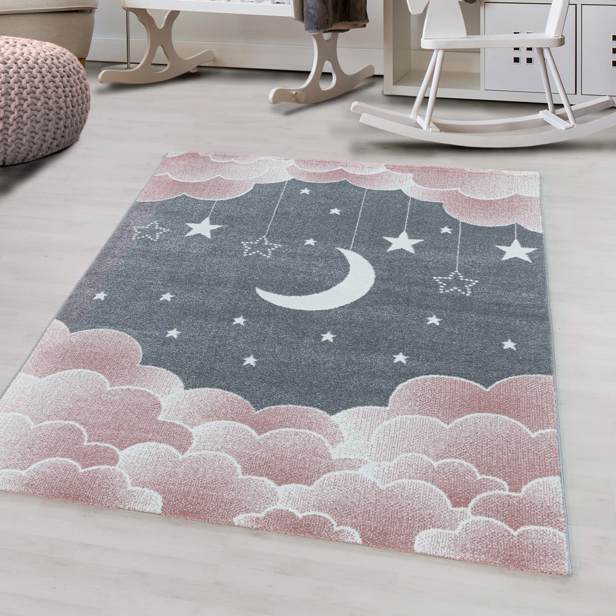 Night Sky Cloud Pattern Playroom Kids Rug | Pink