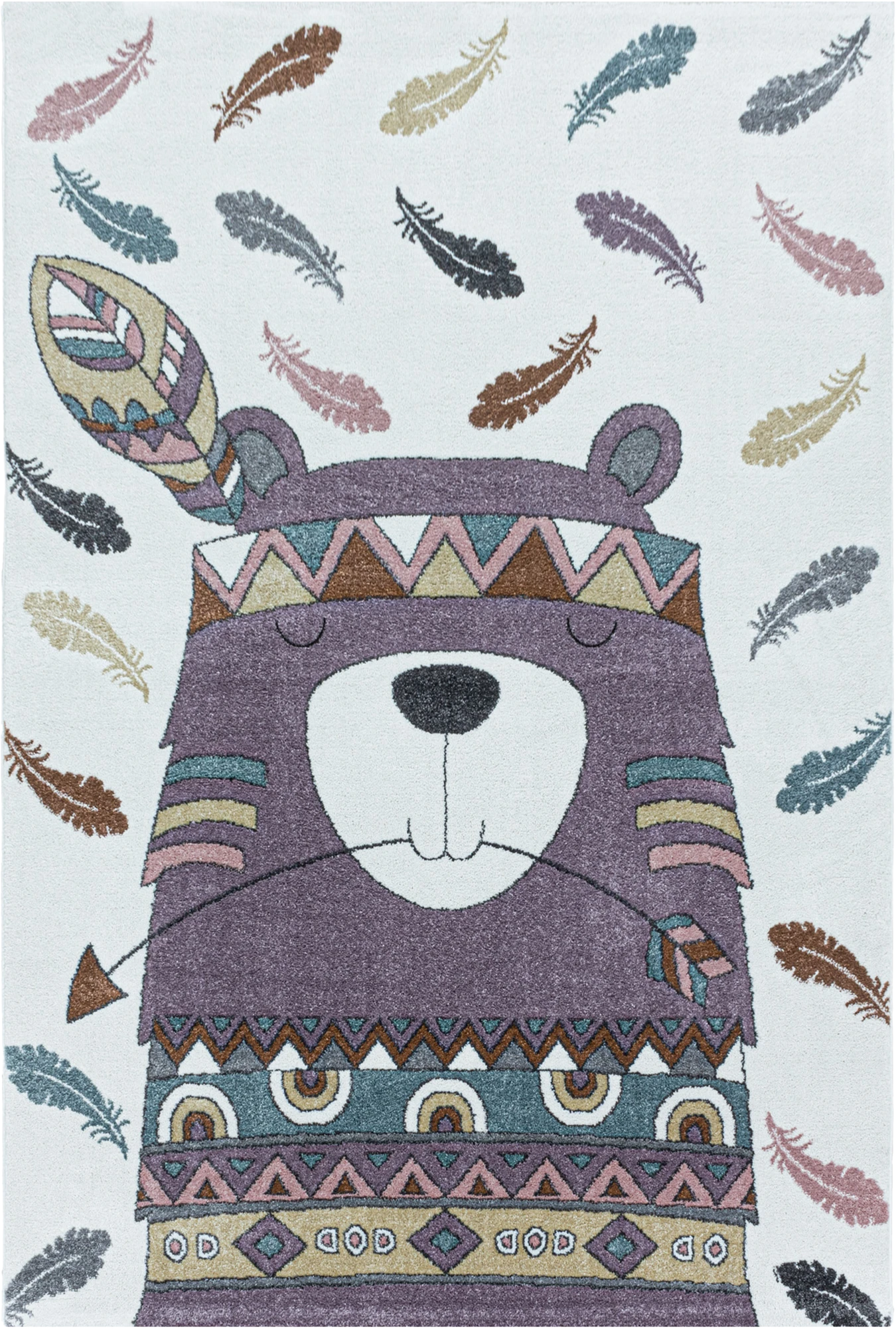 Boho Tribal Bear with Feathers Kids Rug | Violet