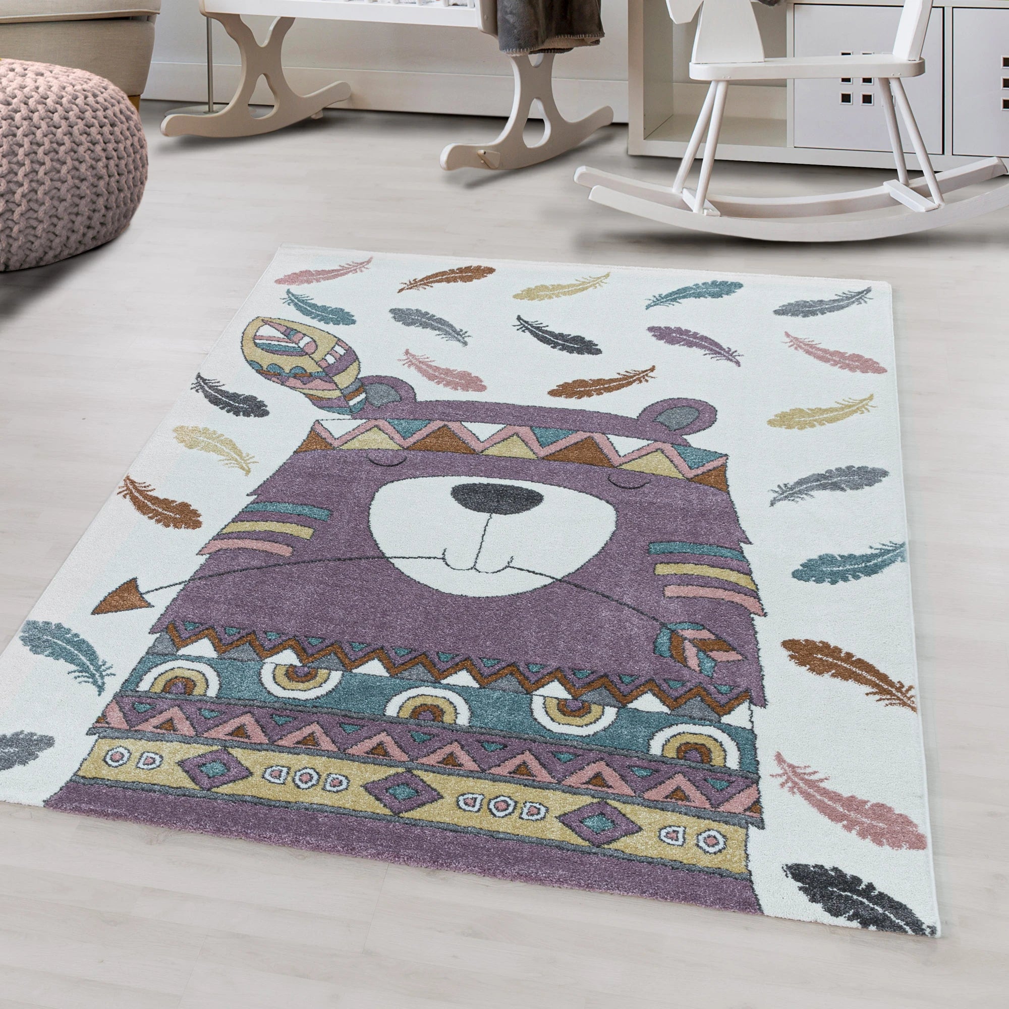 Boho Tribal Bear with Feathers Kids Rug | Violet