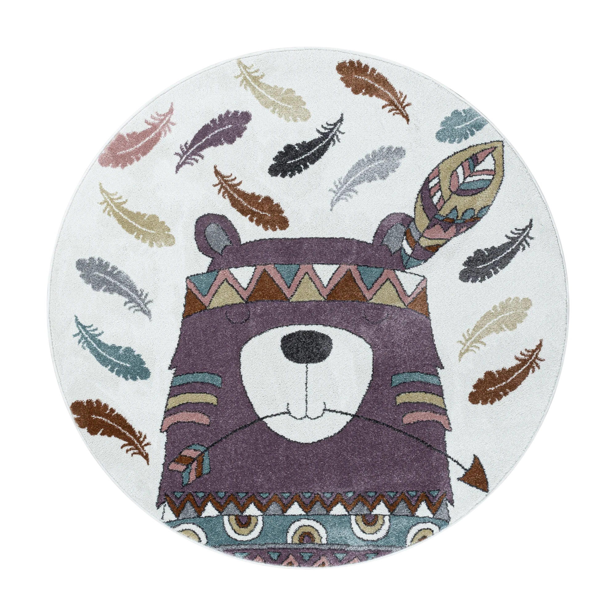 Boho Tribal Bear with Feathers Kids Rug | Violet