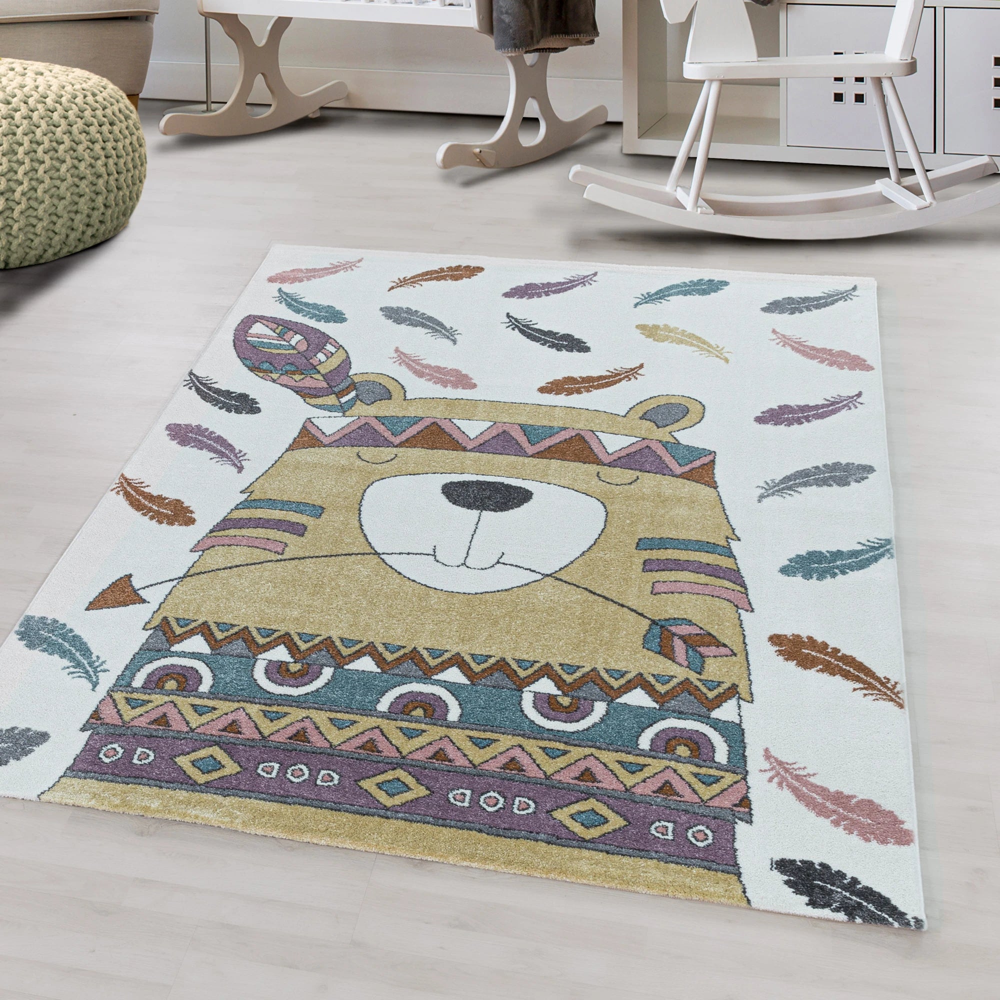 Boho Tribal Bear with Feathers Kids Rug | Yellow