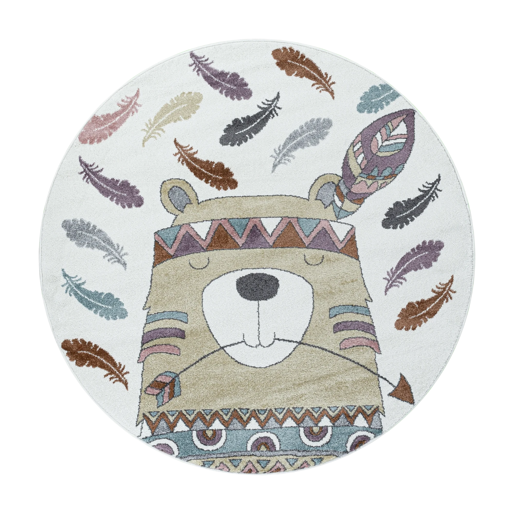 Boho Tribal Bear with Feathers Kids Rug | Yellow