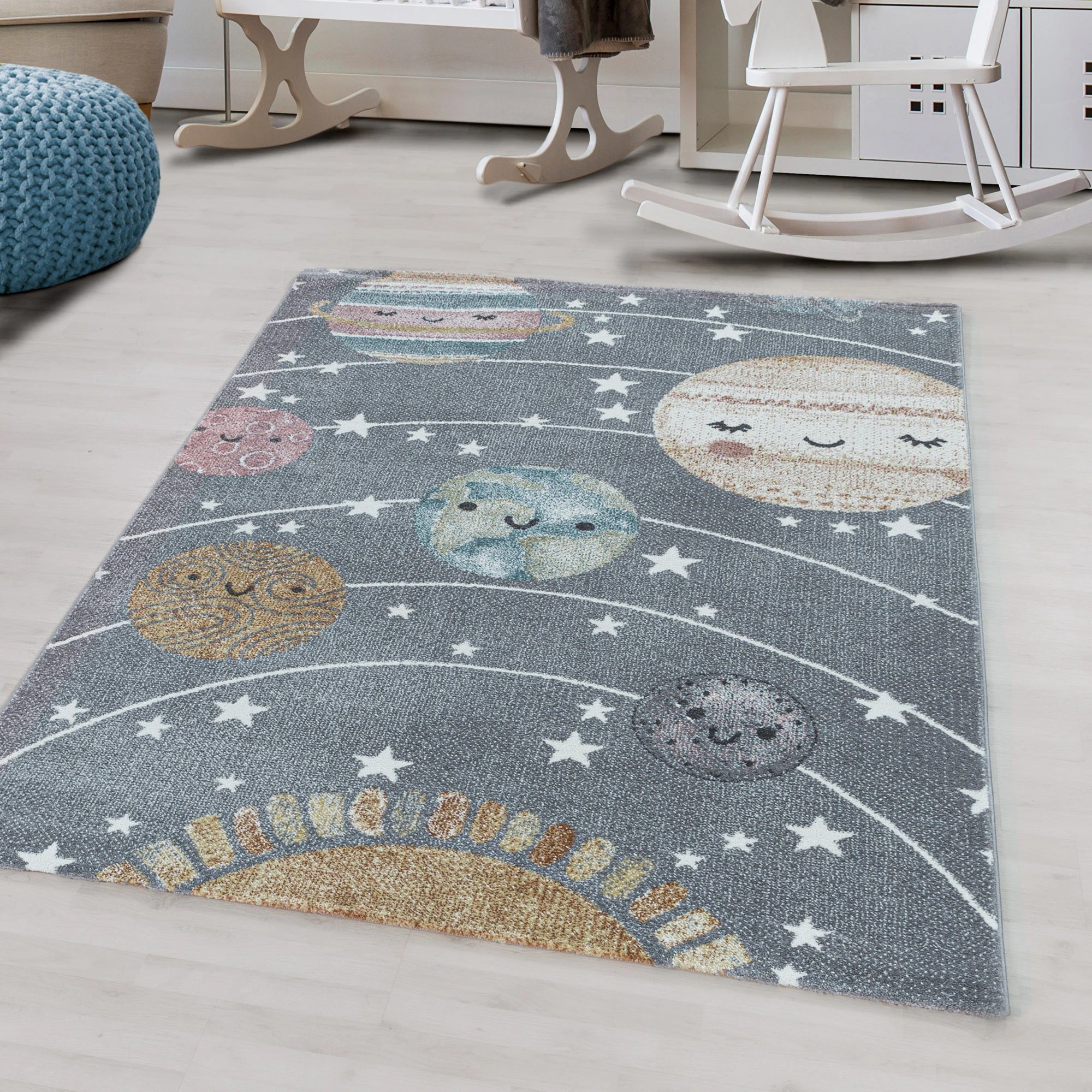 Cute Planets Space Kids Rug | Gray