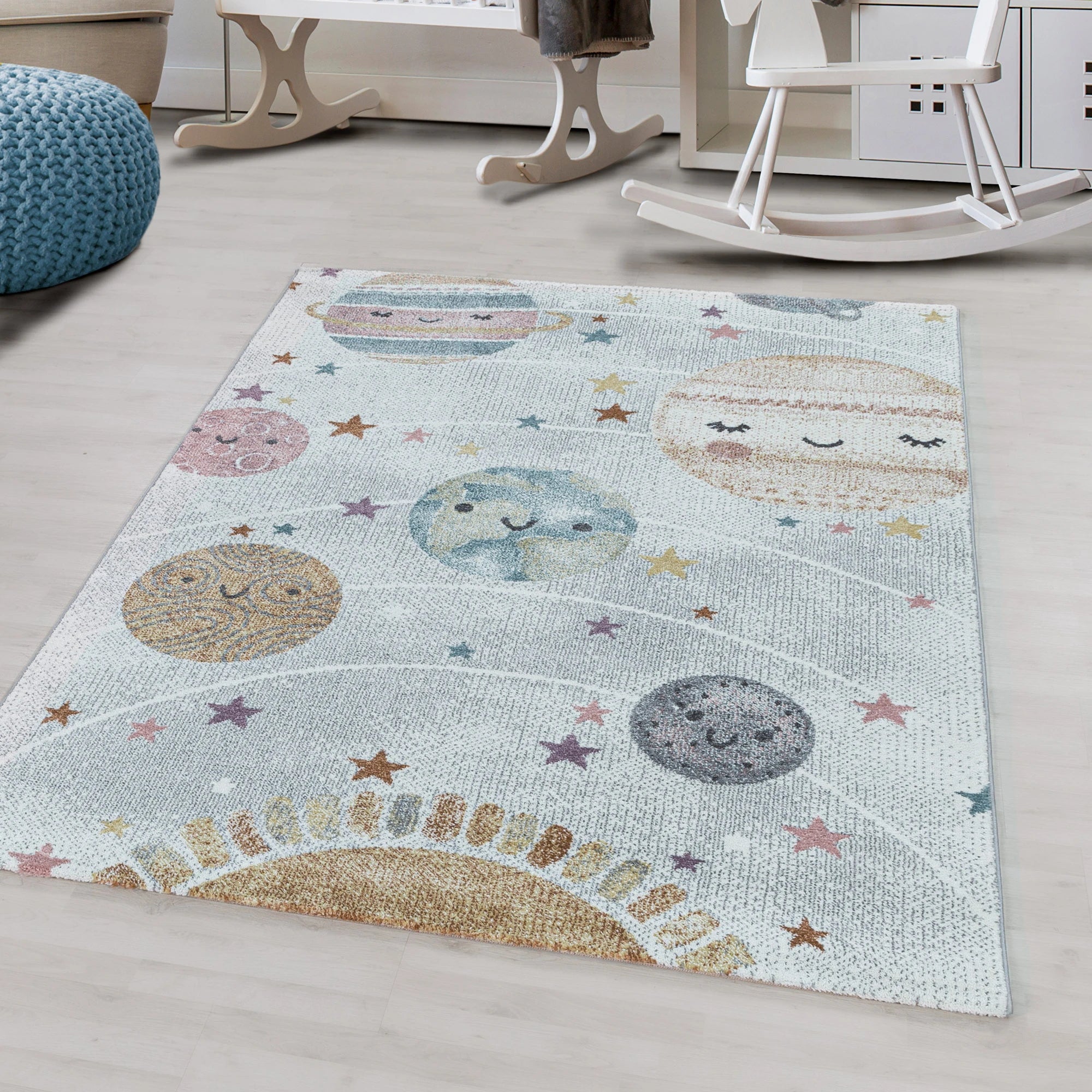 Cute Planets Space Kids Rug | White