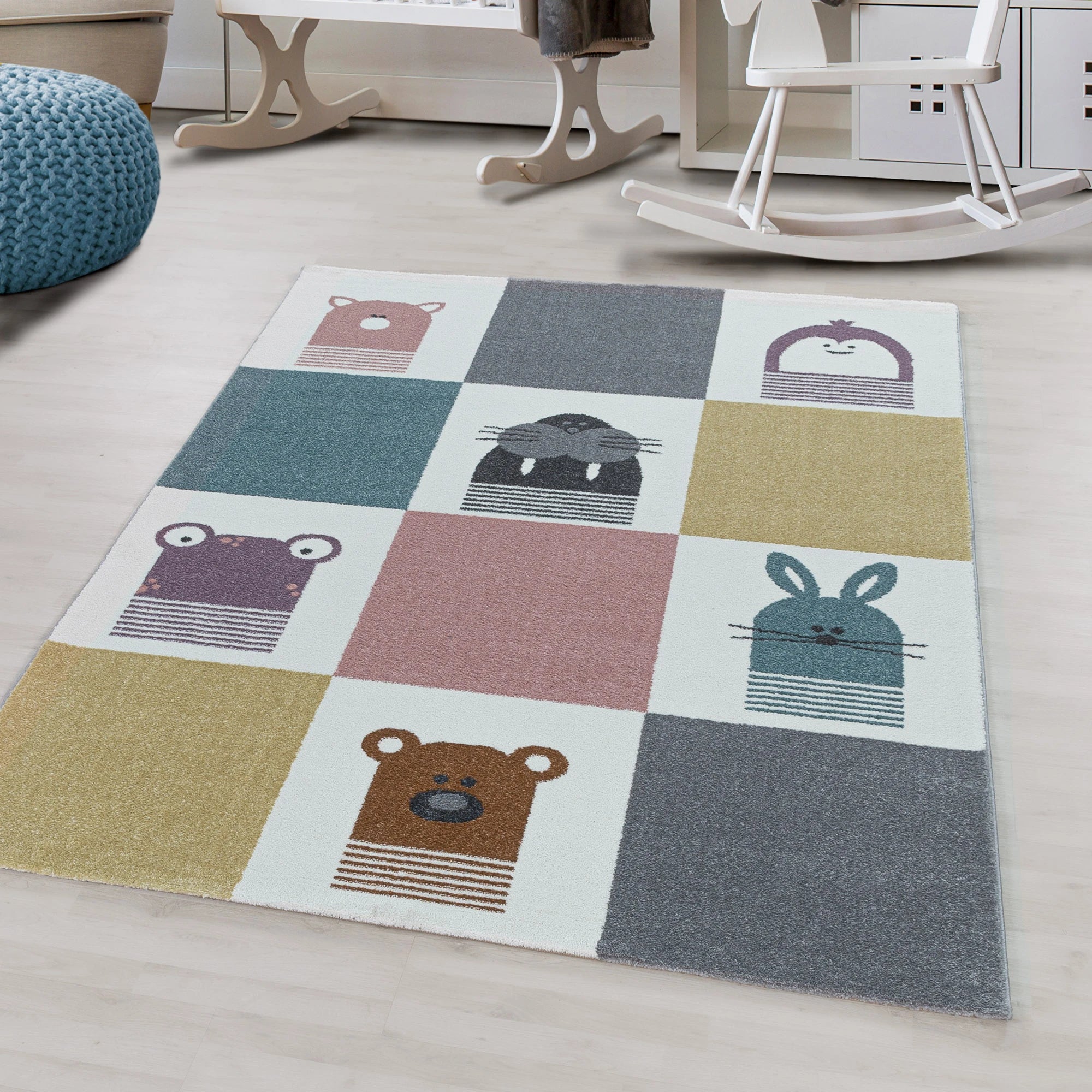 Friendly Animal Friends Grid Kids Rug | Multi