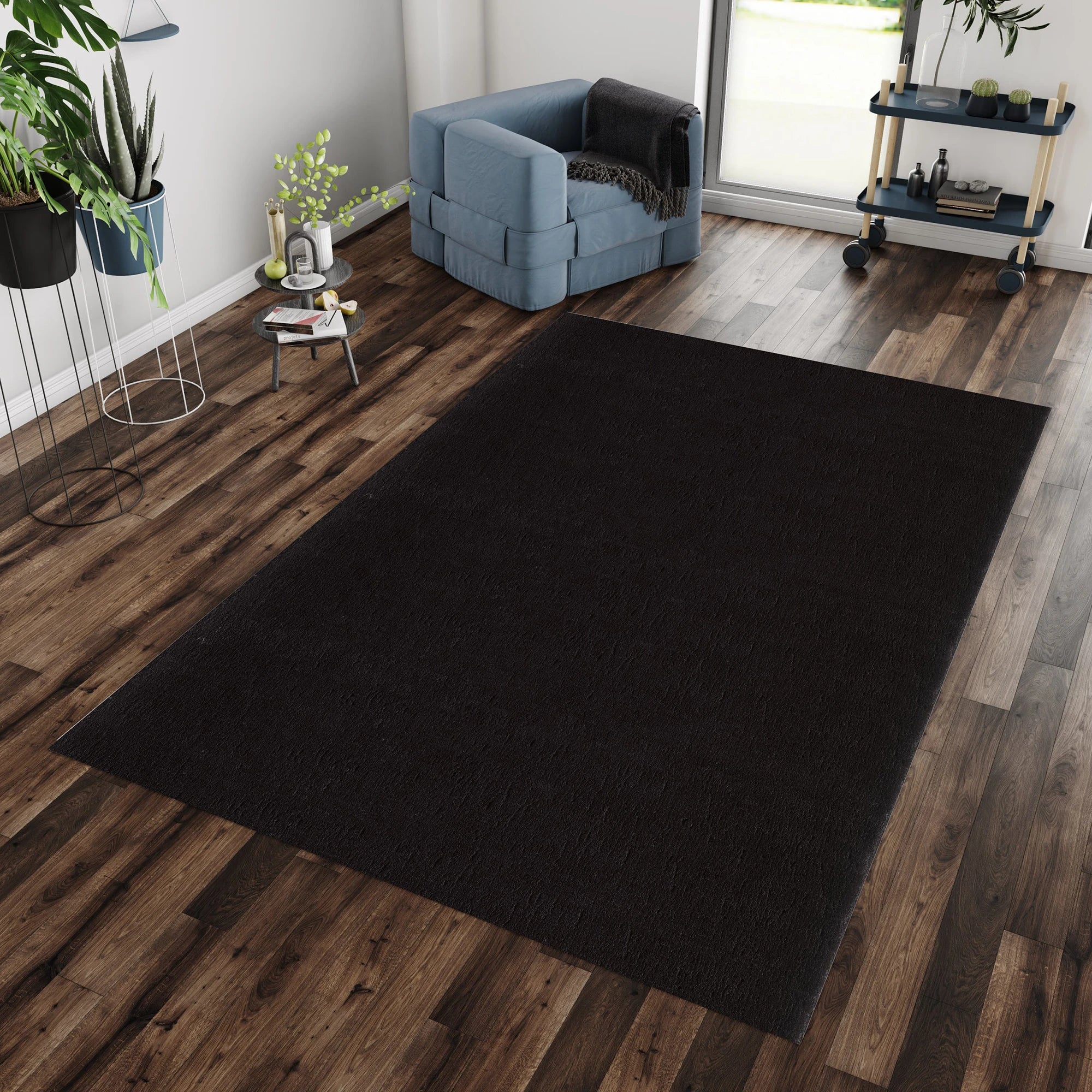 Solid Black Plush Shag Area Rug