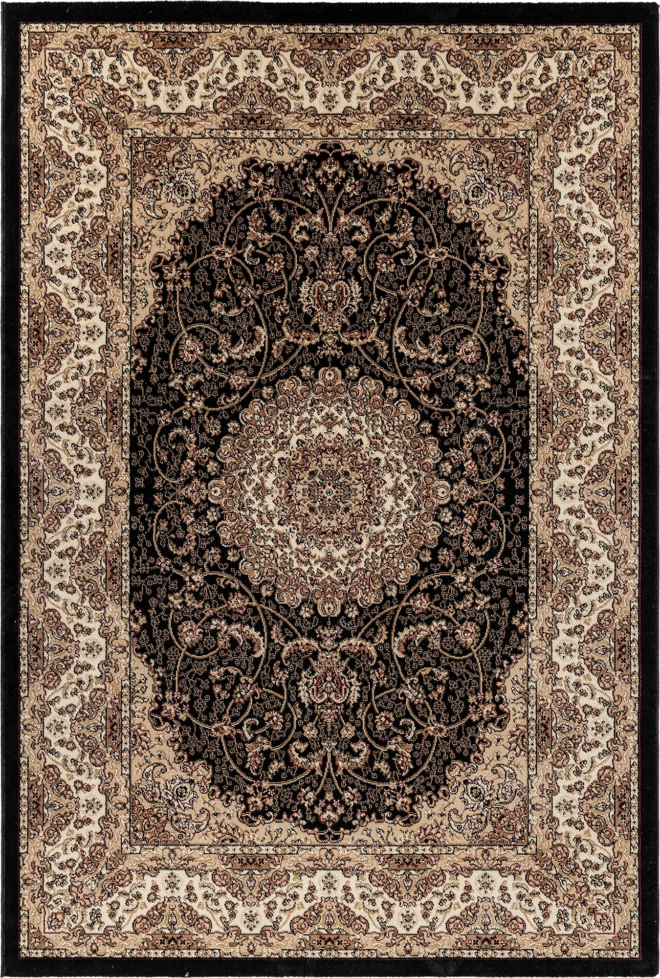 Classic Decorative Floral Border Rug | Black