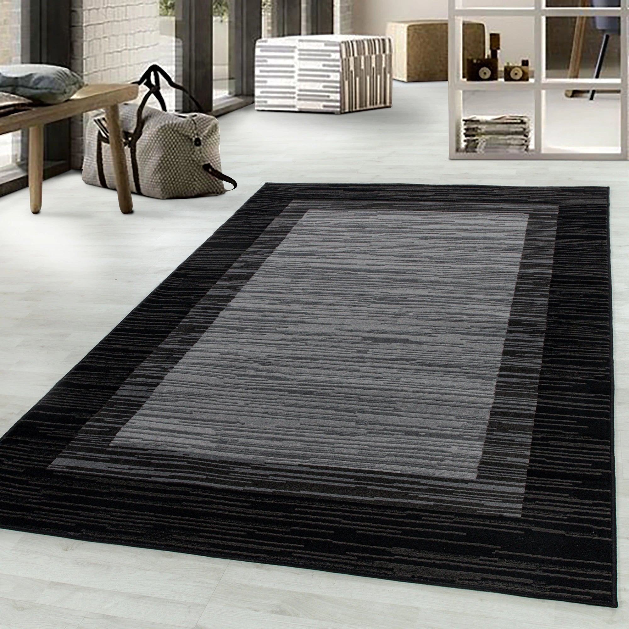 Abstract Stripe Border Rug | Black