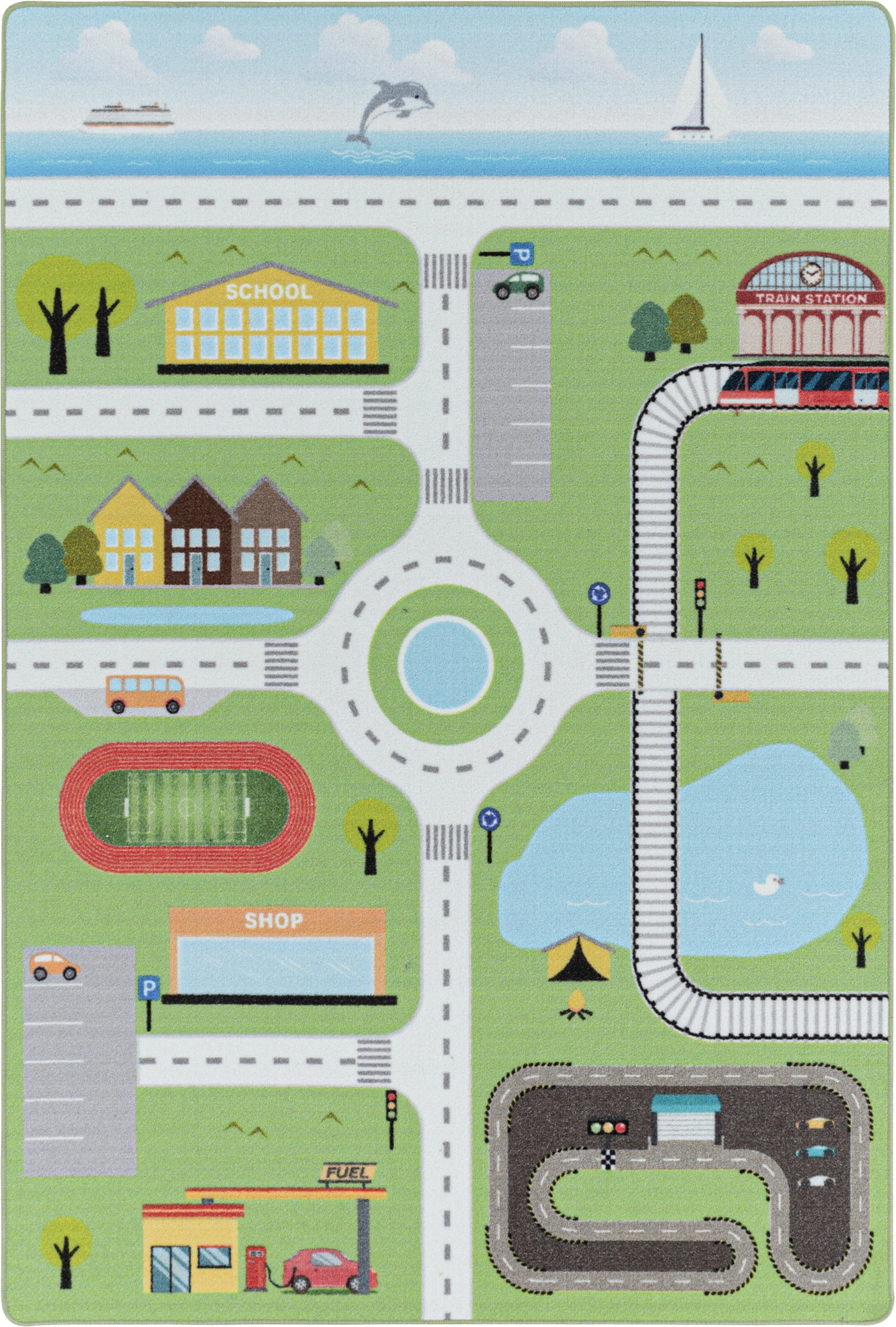 Fun City Road Traffic Playmat for Kids Rug | Green