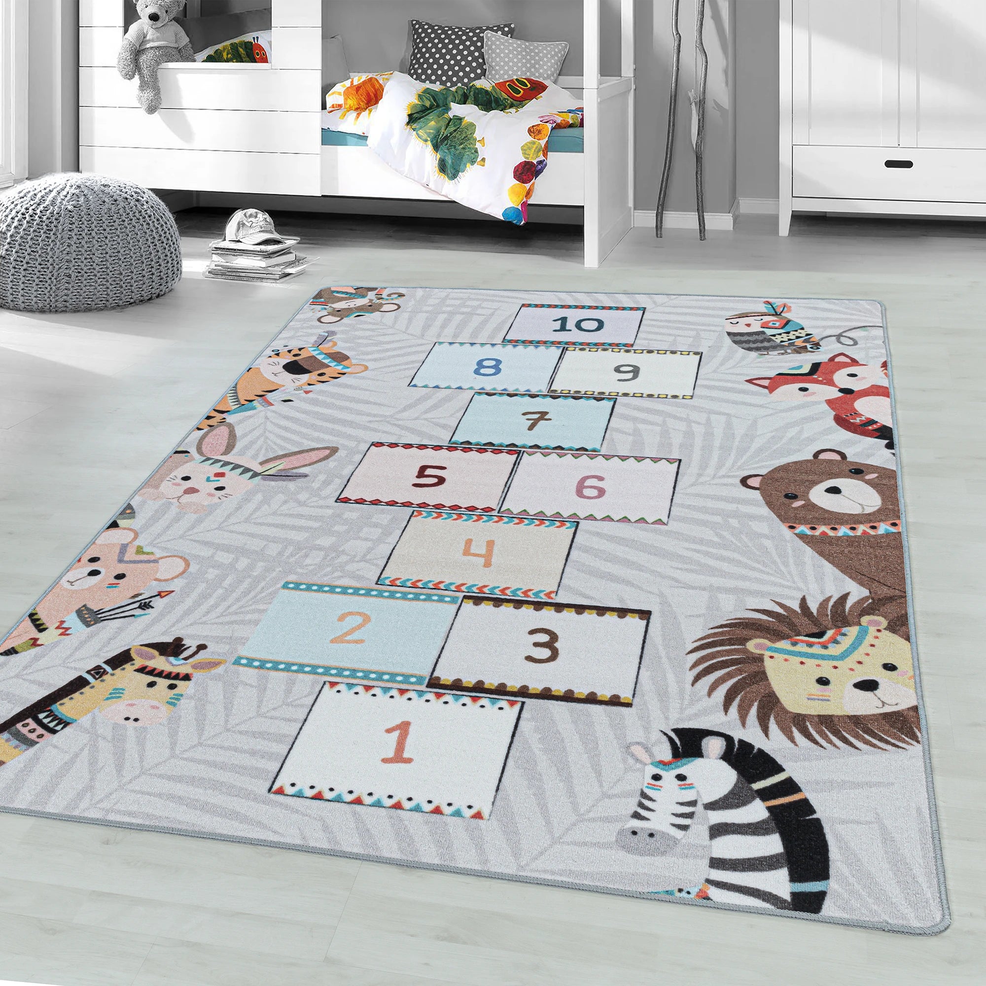 Cute Boho Animals Hopscotch Kids Game Rug | Gray