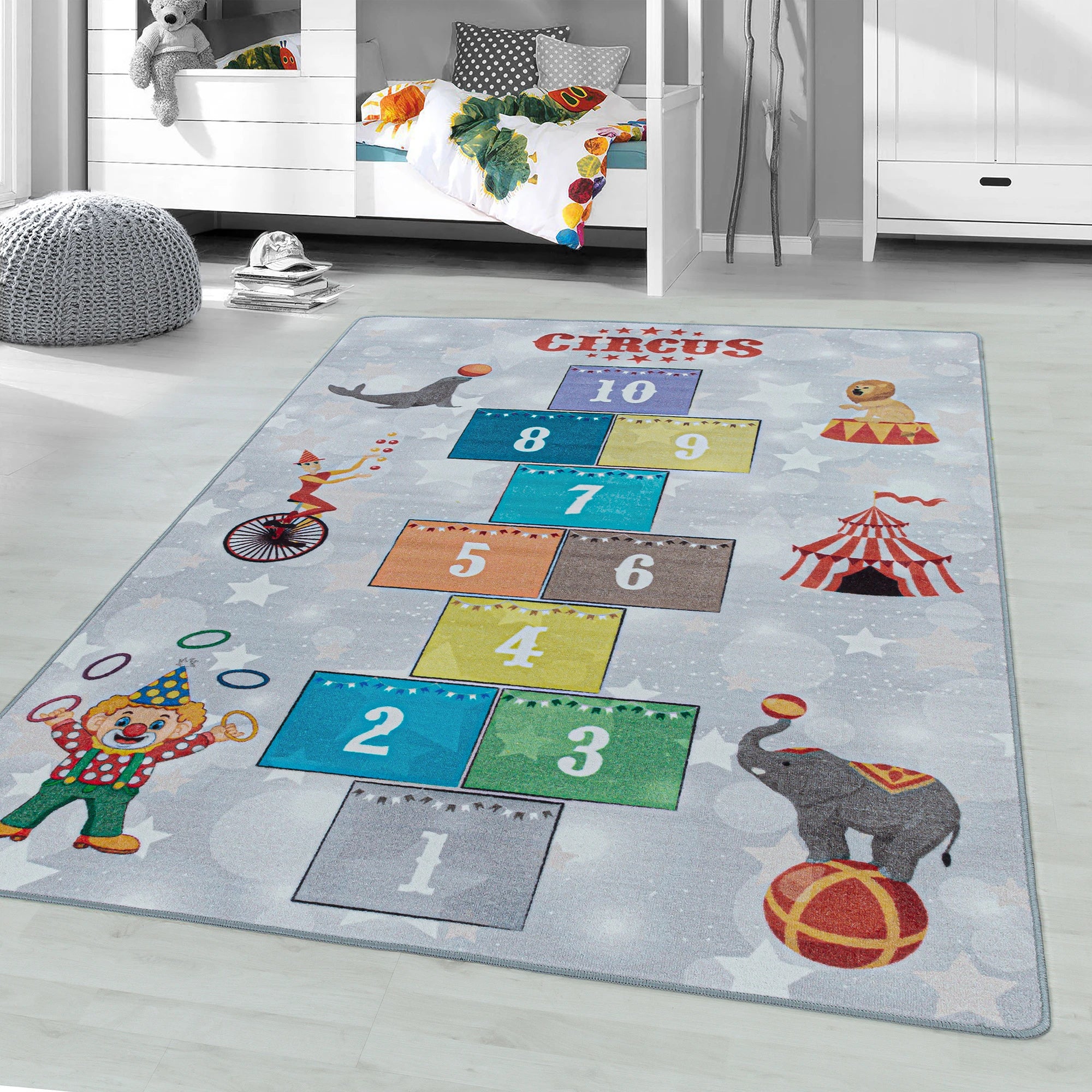 Fun Circus Hopscotch Game Kids Rug | Gray