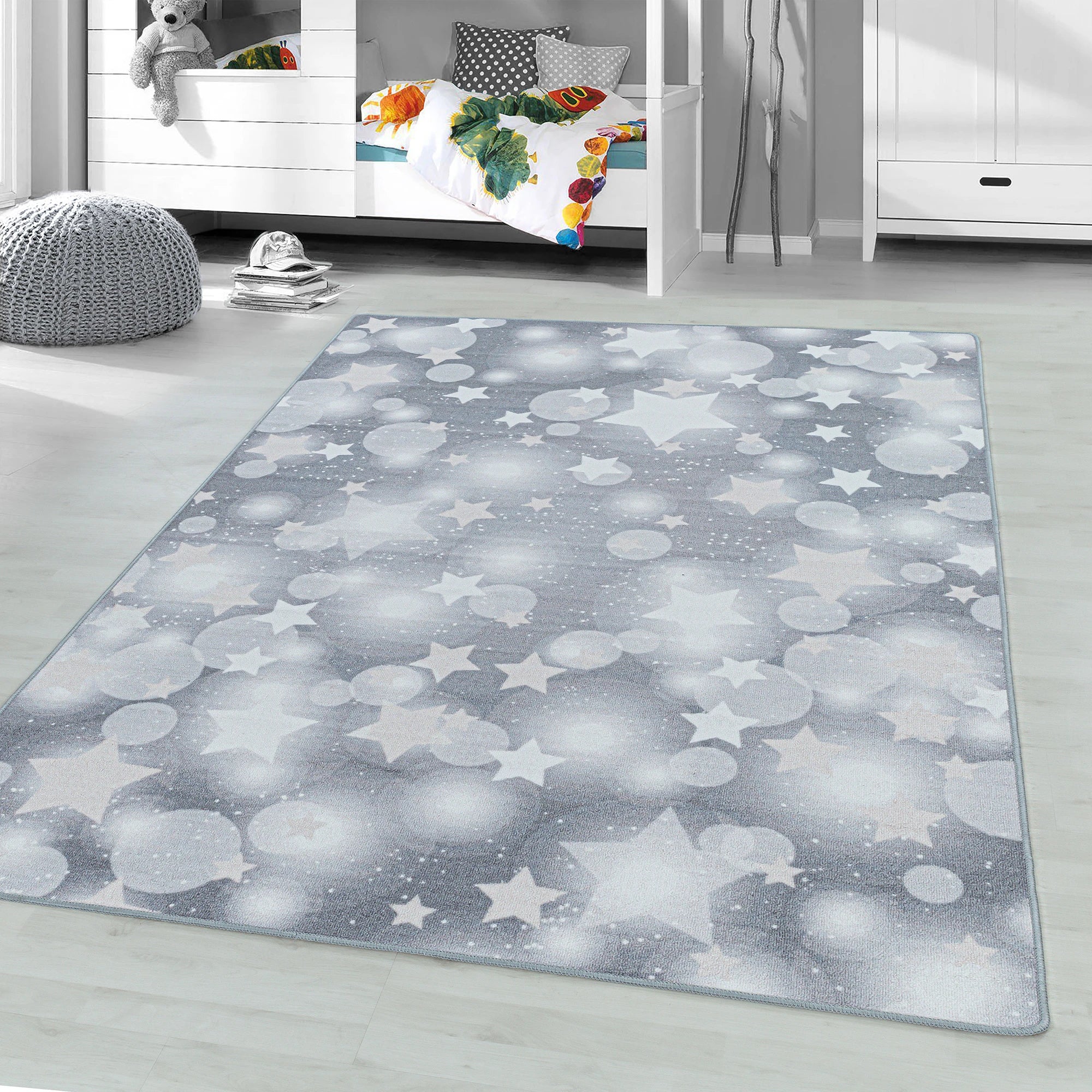 Magical Glitter Bokeh Star Pattern Kids Rug | Gray