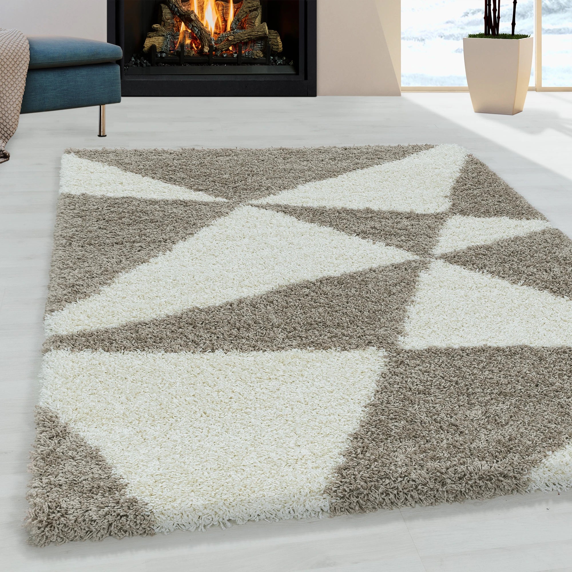 Modern Teal Triangle Shag Rug | Beige