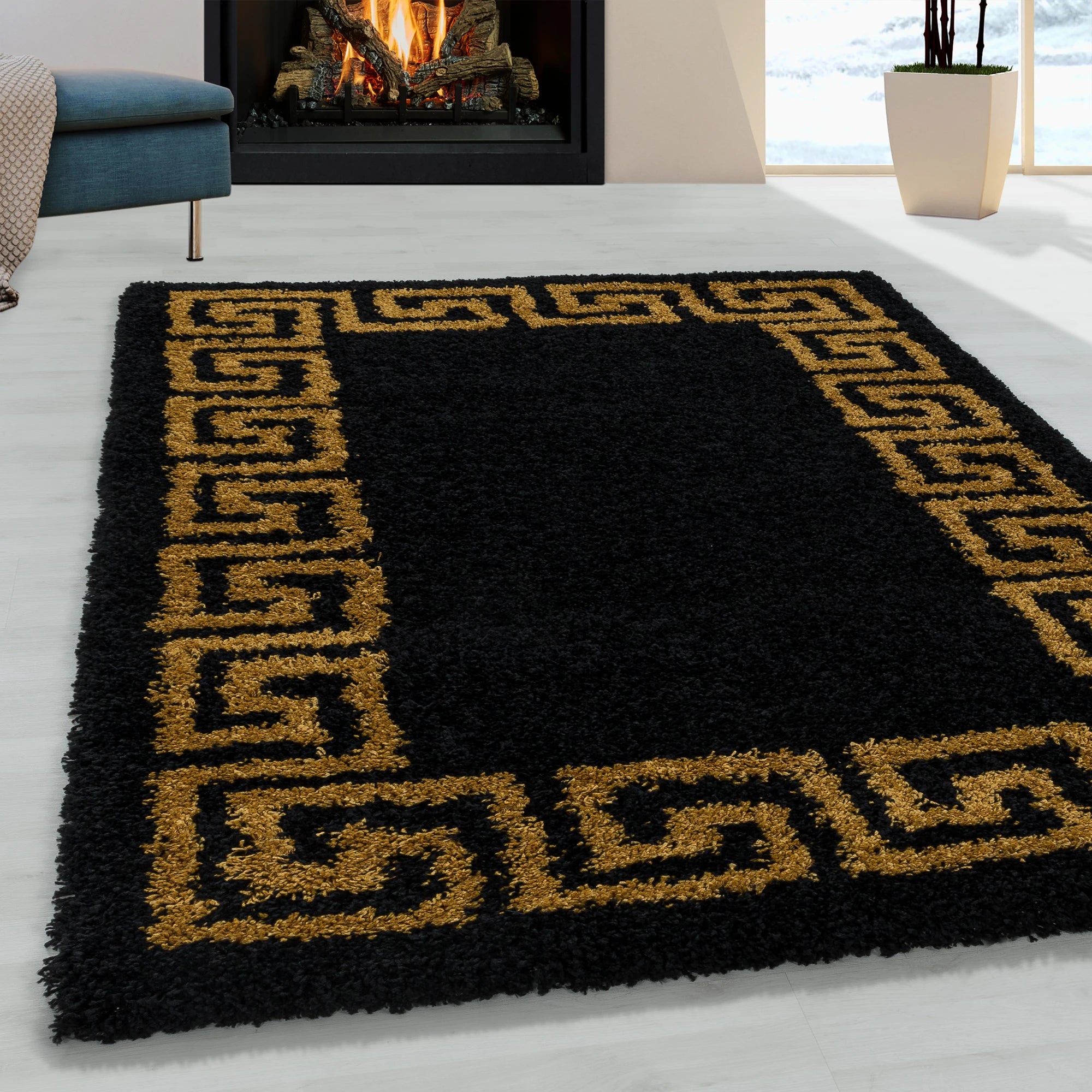 Meander Pattern Neutral Area Rug | Gold