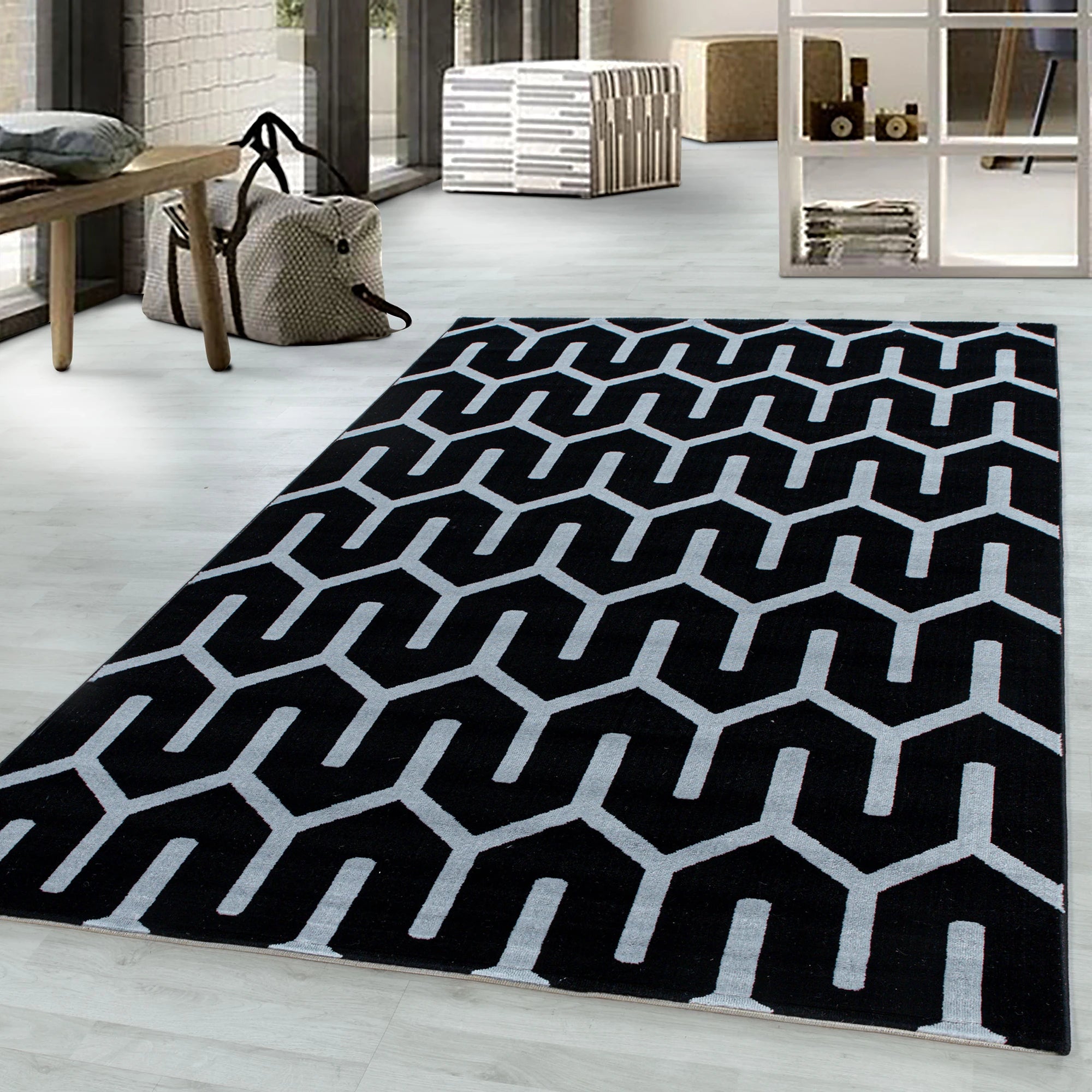 Modern Tessellated Maze Area Rug | Black