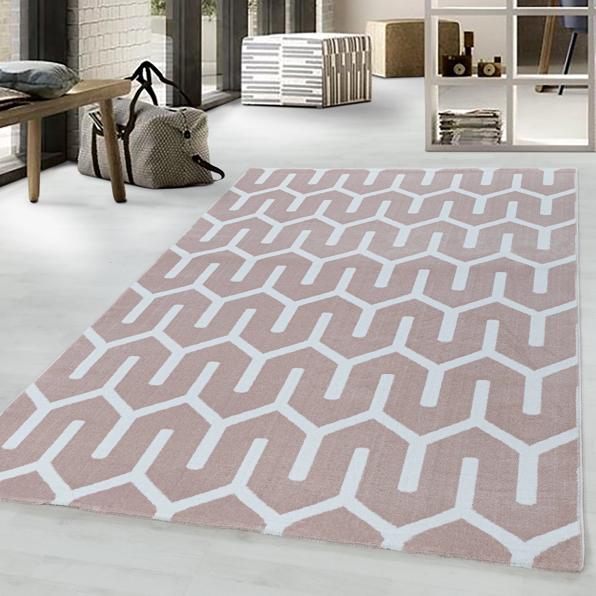 Modern Tessellated Maze Area Rug | Pink