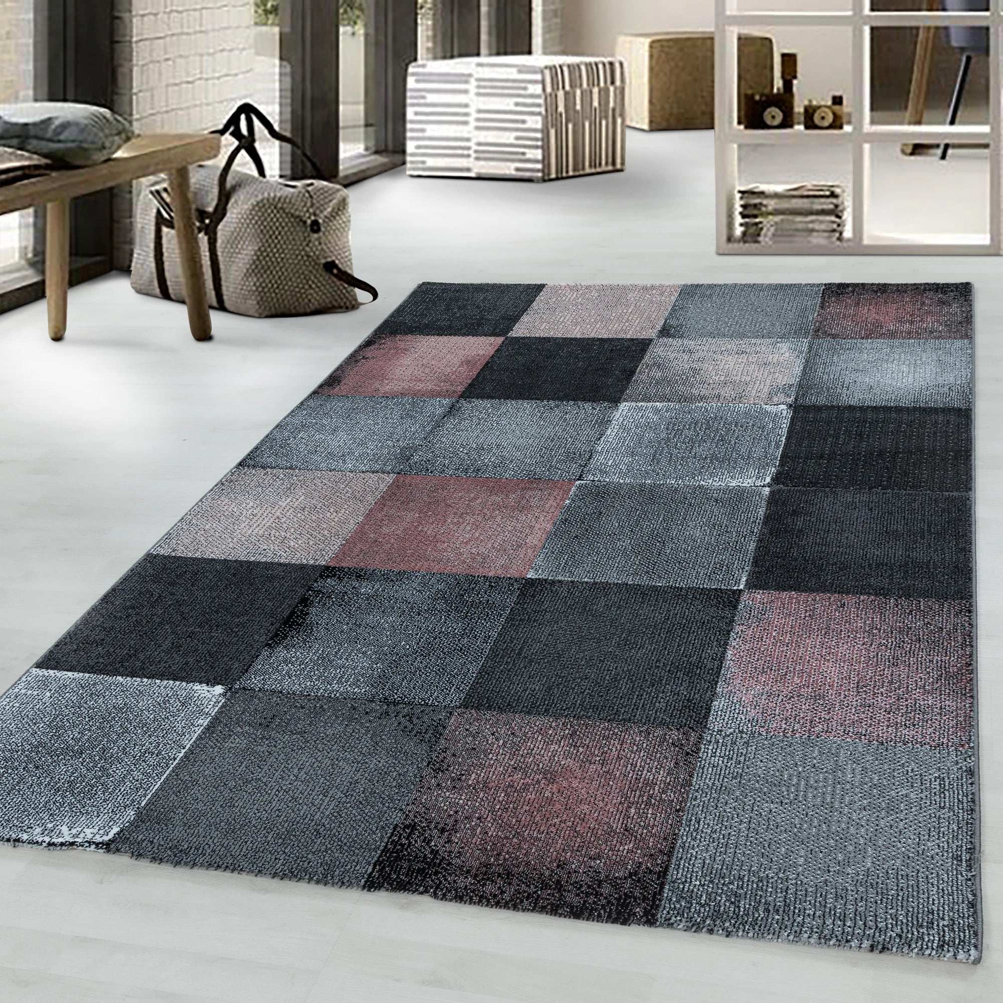 Contemporary Distressed Grid Pattern Rug | Pink