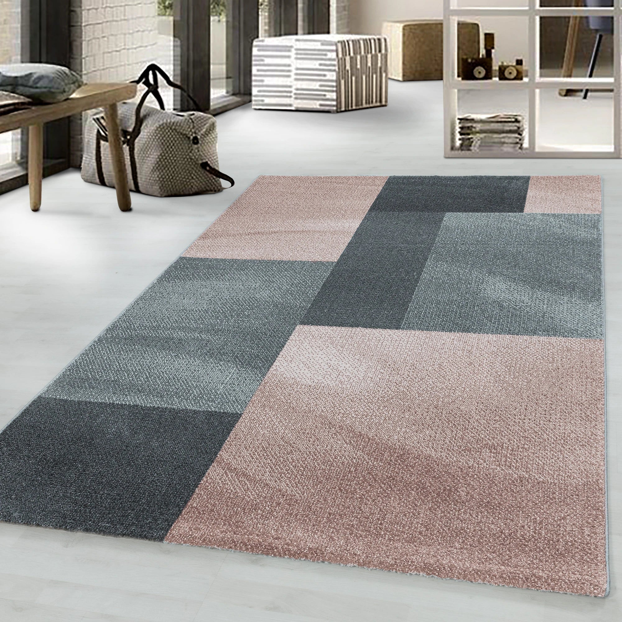 Modern Abstract Color Block Area Rug - Rose