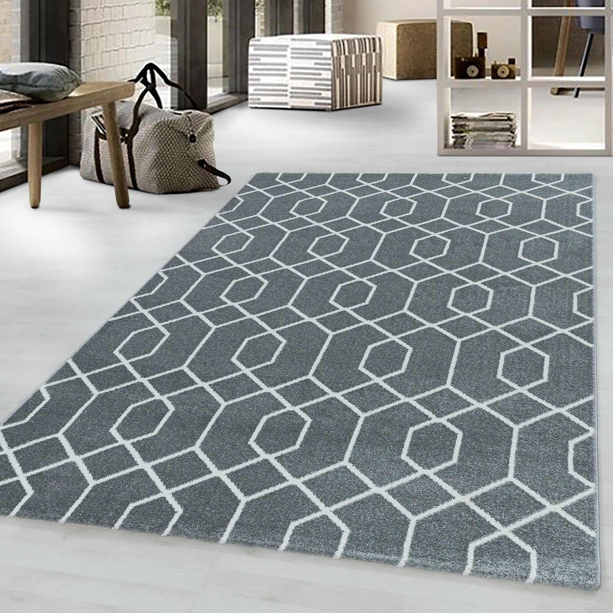 Geometric Hexagon Trellis Area Rug - Gray