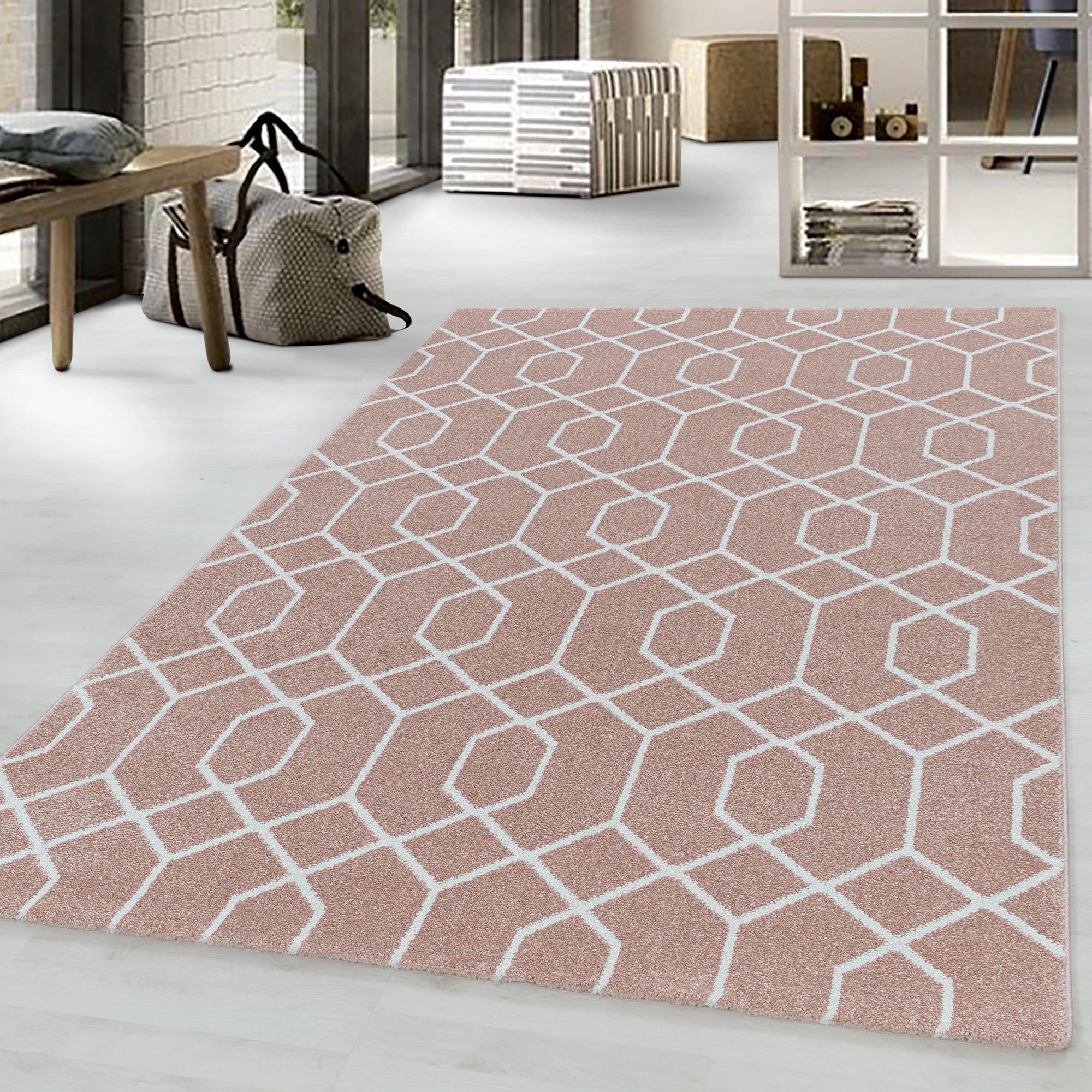 Geometric Hexagon Trellis Area Rug - Rose