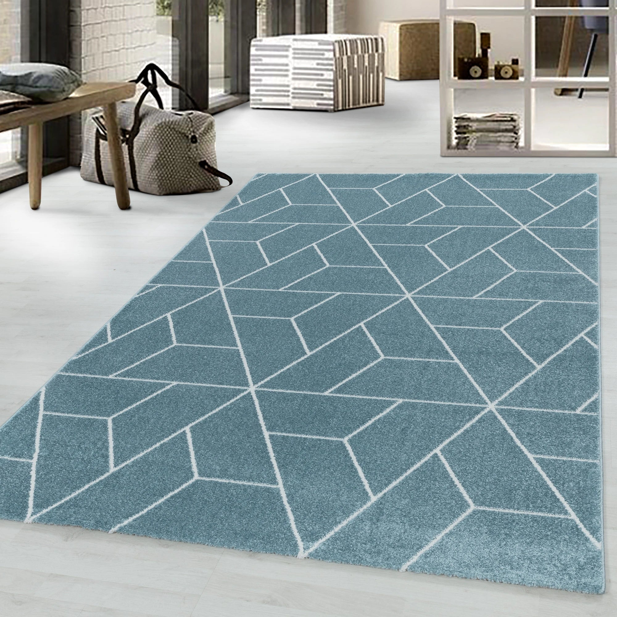 Geometric 3D Cube Line Pattern Area Rug | Blue