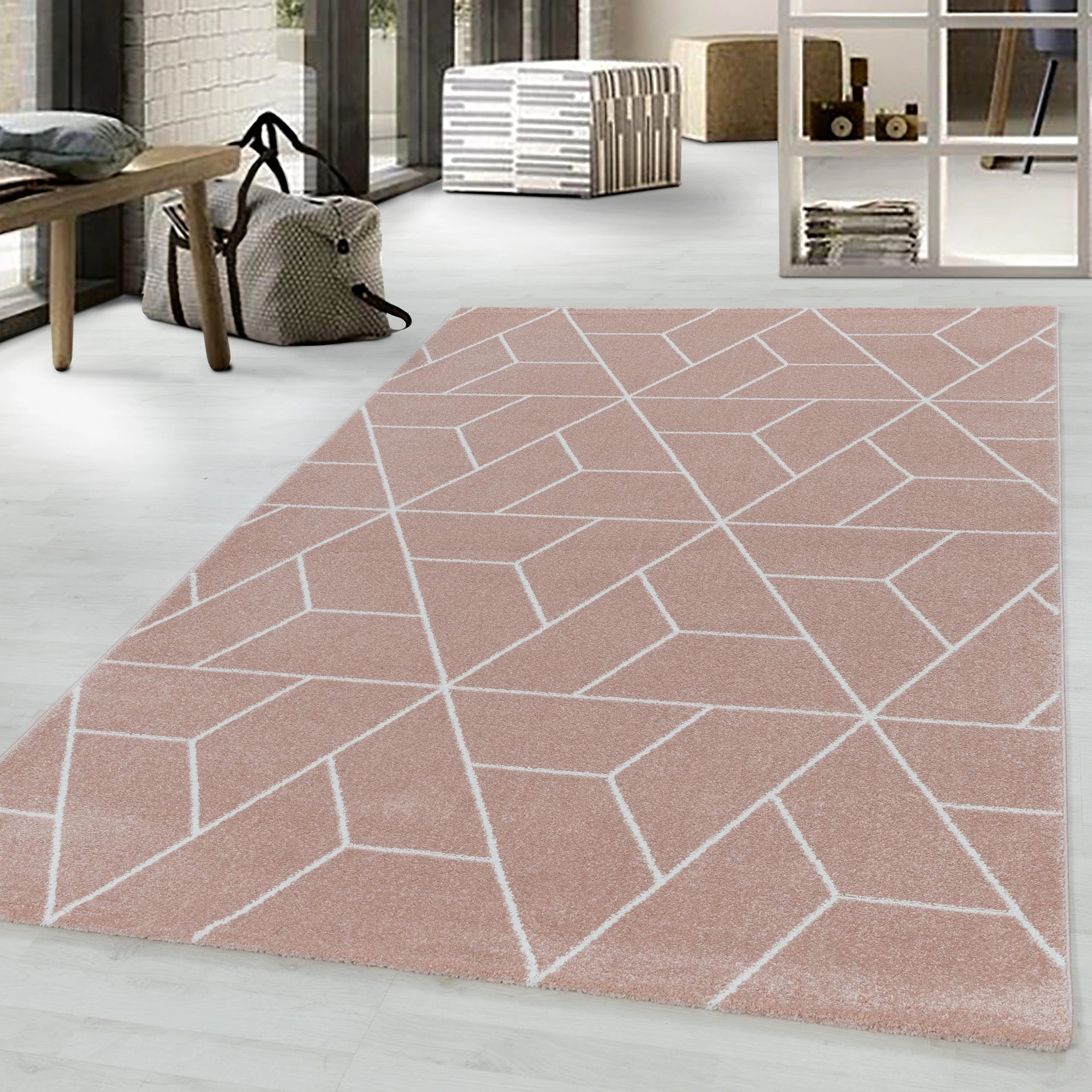 Geometric 3D Cube Line Pattern Area Rug | Rose