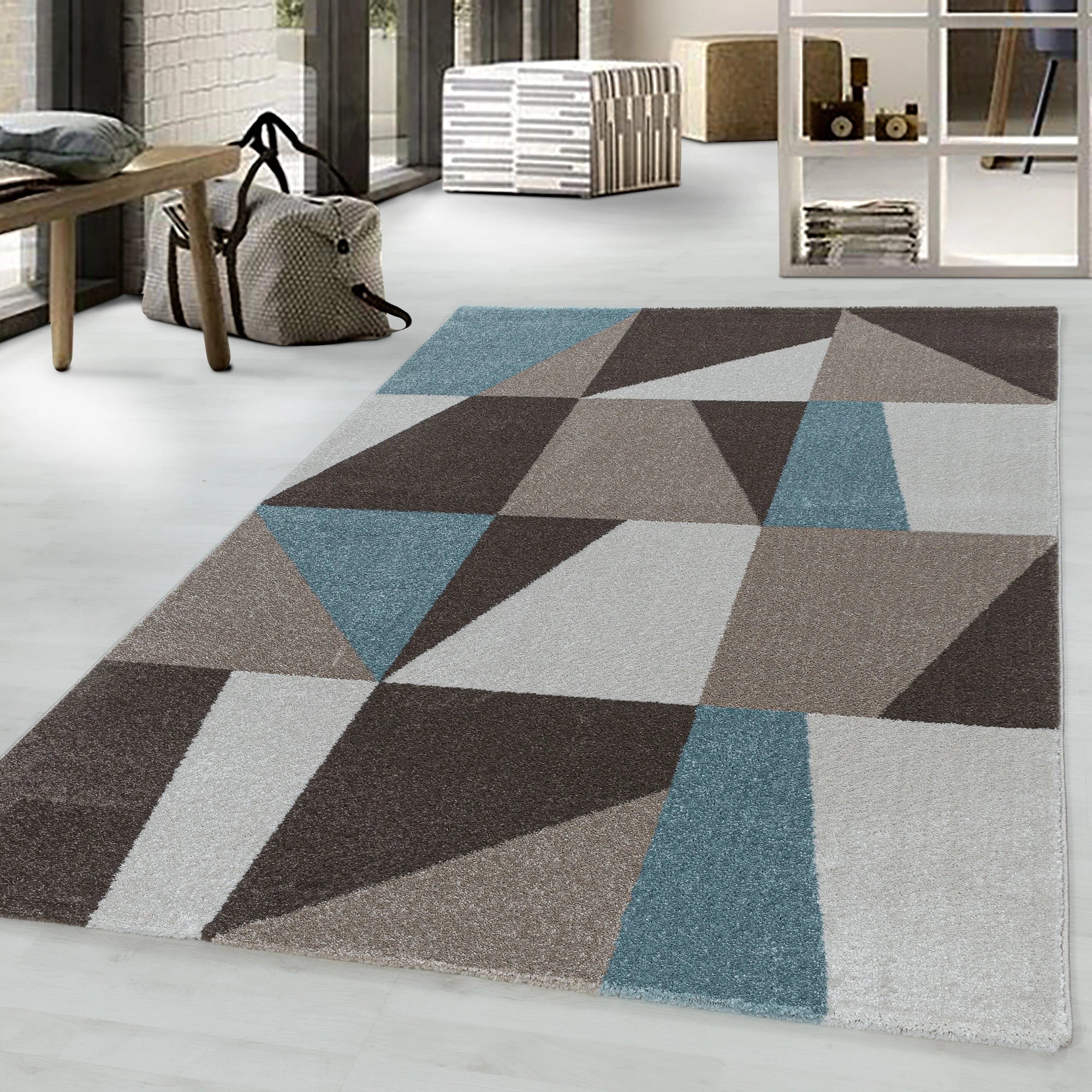 Modern Color Block Polygon Pattern Rug | Blue