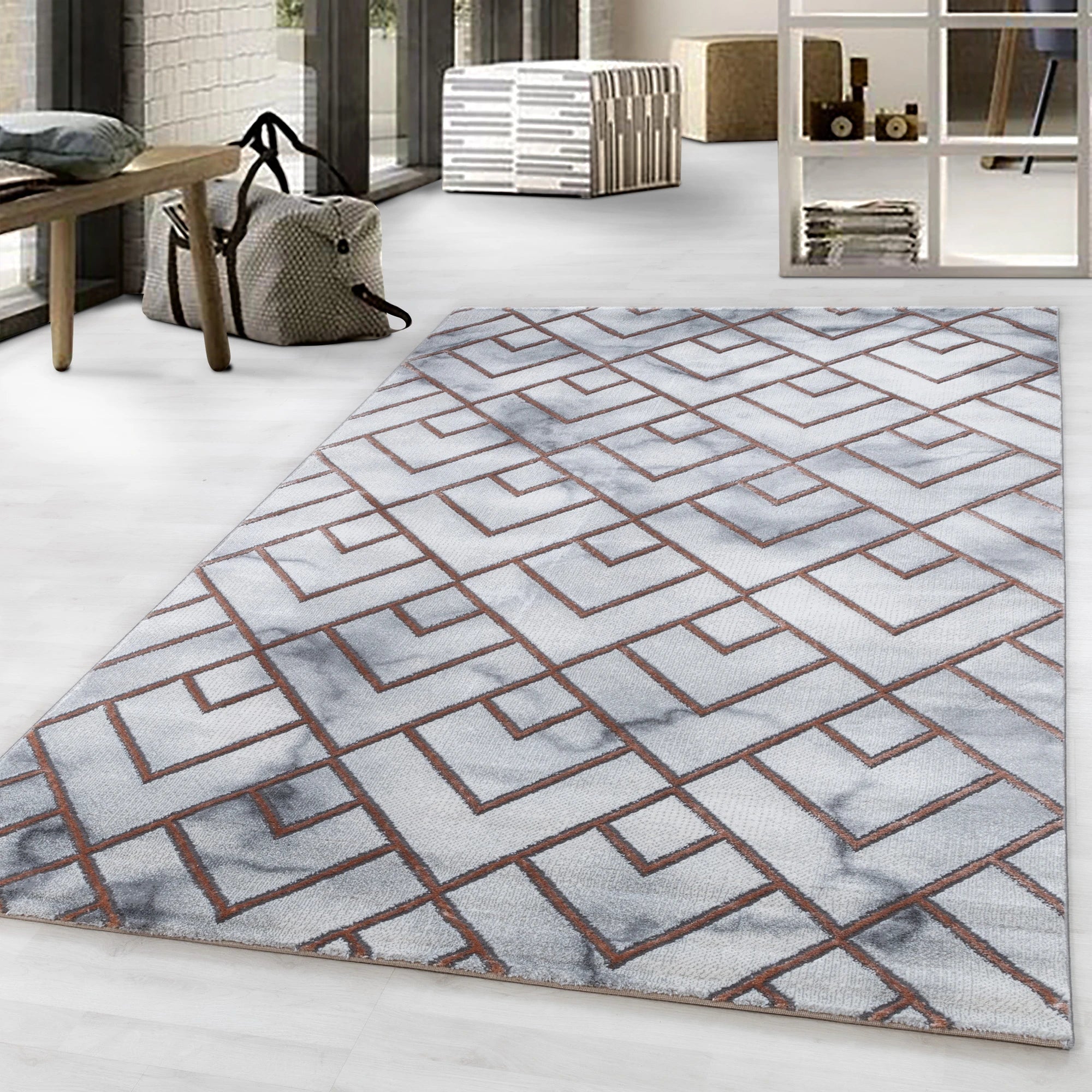 Modern Marble Look Geometric Diamond Rug | Bronze