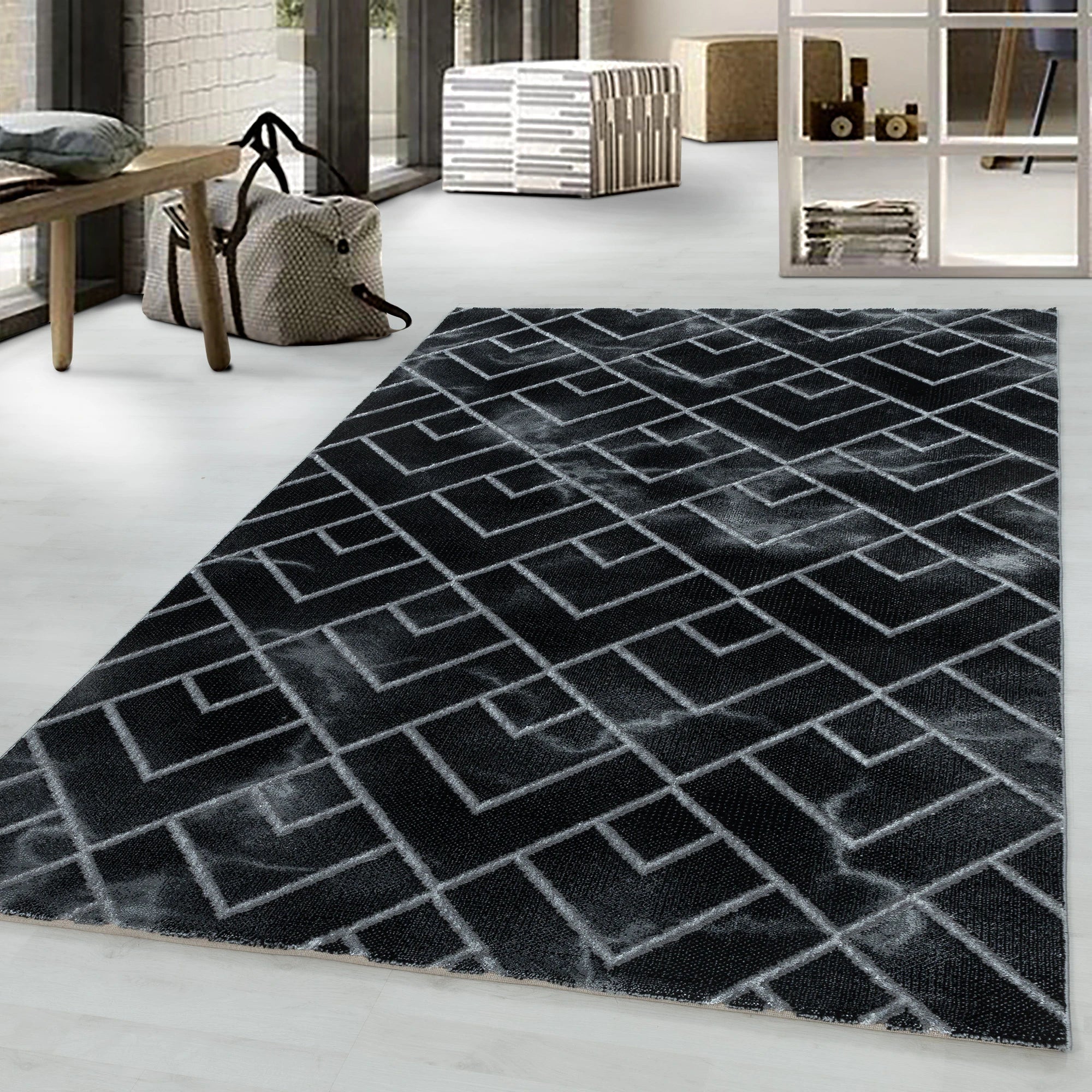 Luxury Art Deco Chevron Geometric Rug | Silver