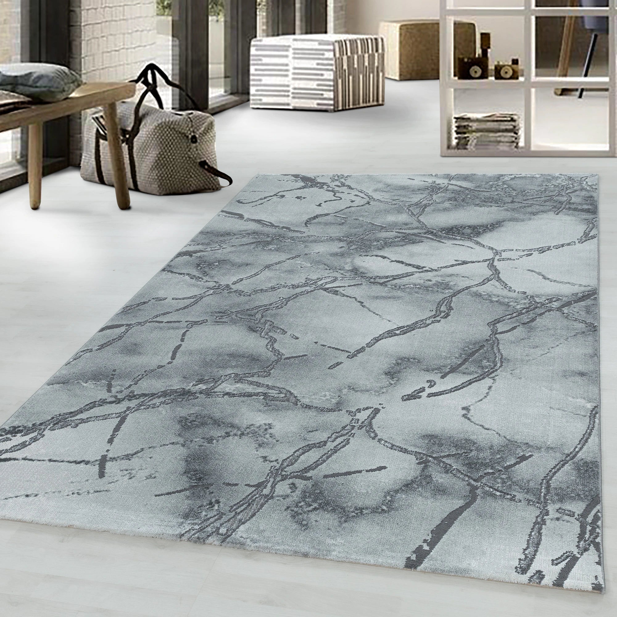 Luxury High-Gloss Marble Veins Area Rug | Silver
